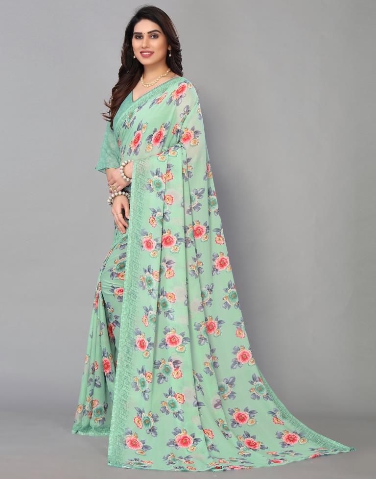 Mint Green Printed Saree | Sudathi