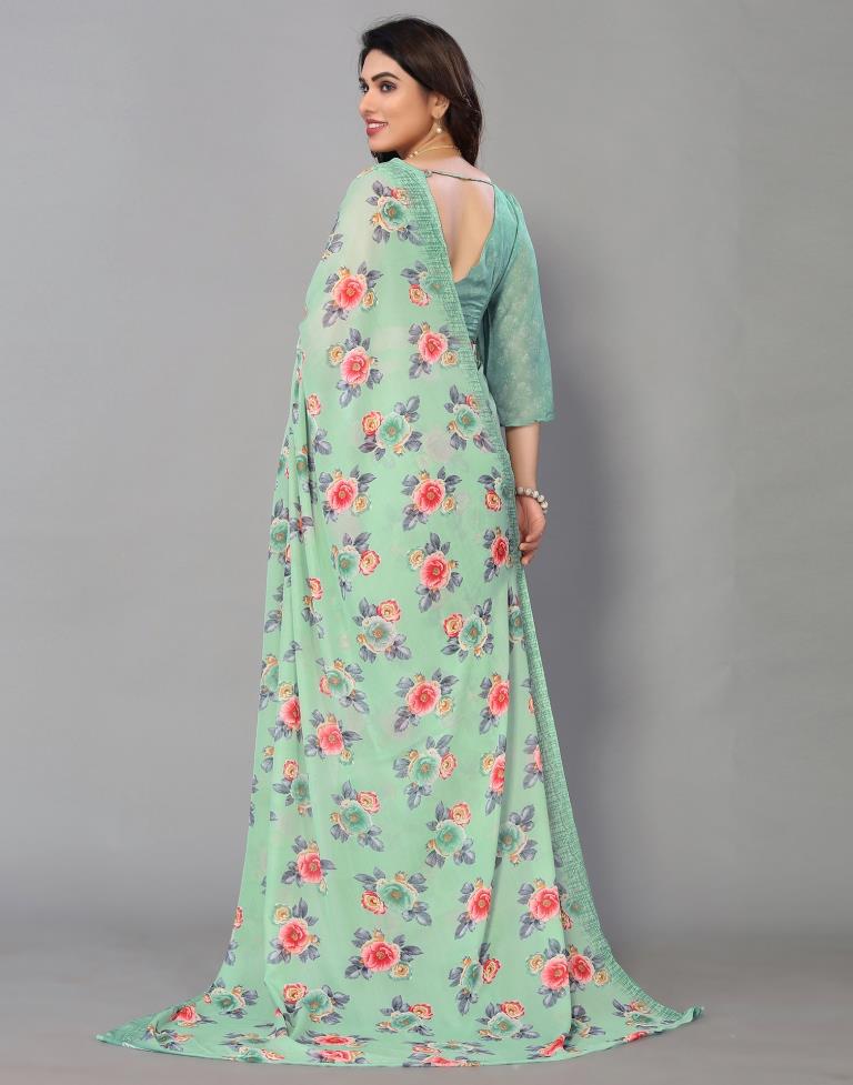 Mint Green Printed Saree | Sudathi