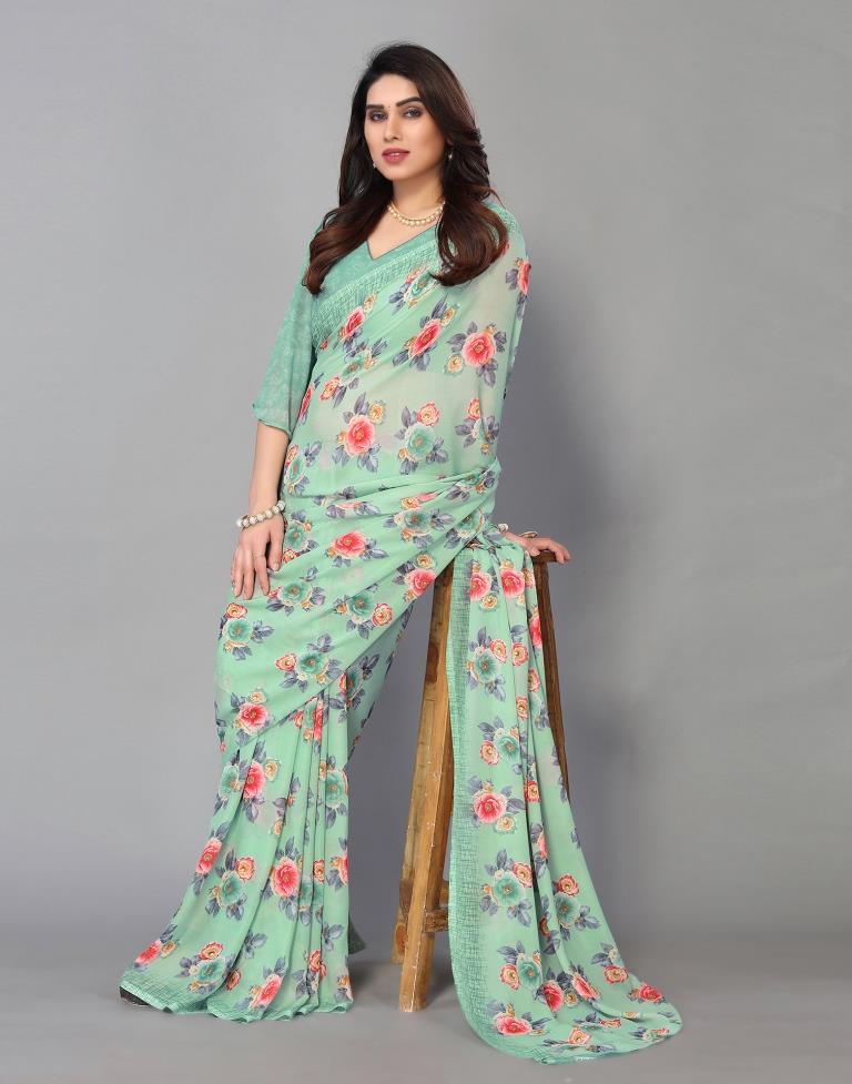 Mint Green Printed Saree | Sudathi
