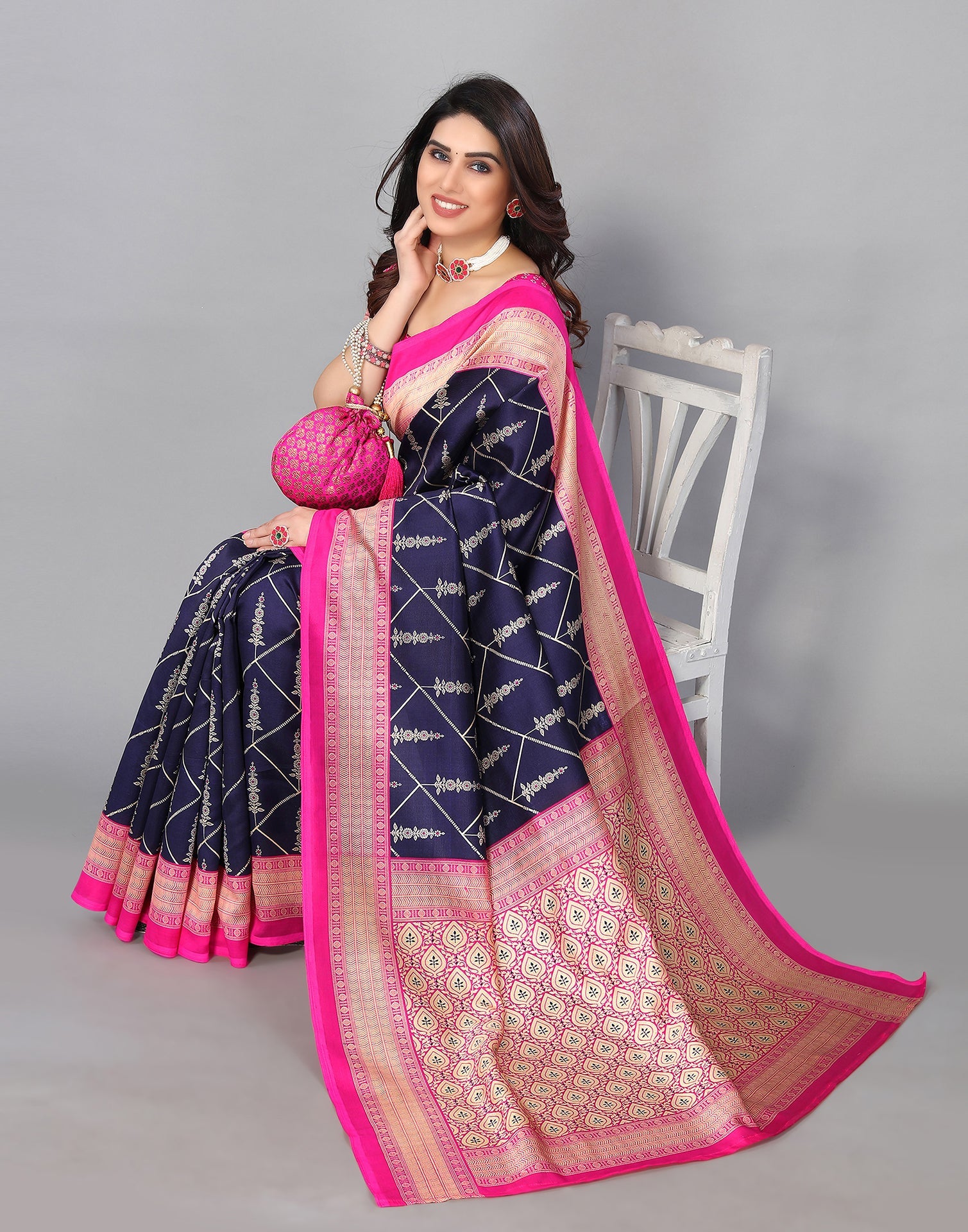 Navy Blue Banarasi Silk Saree | Sudathi