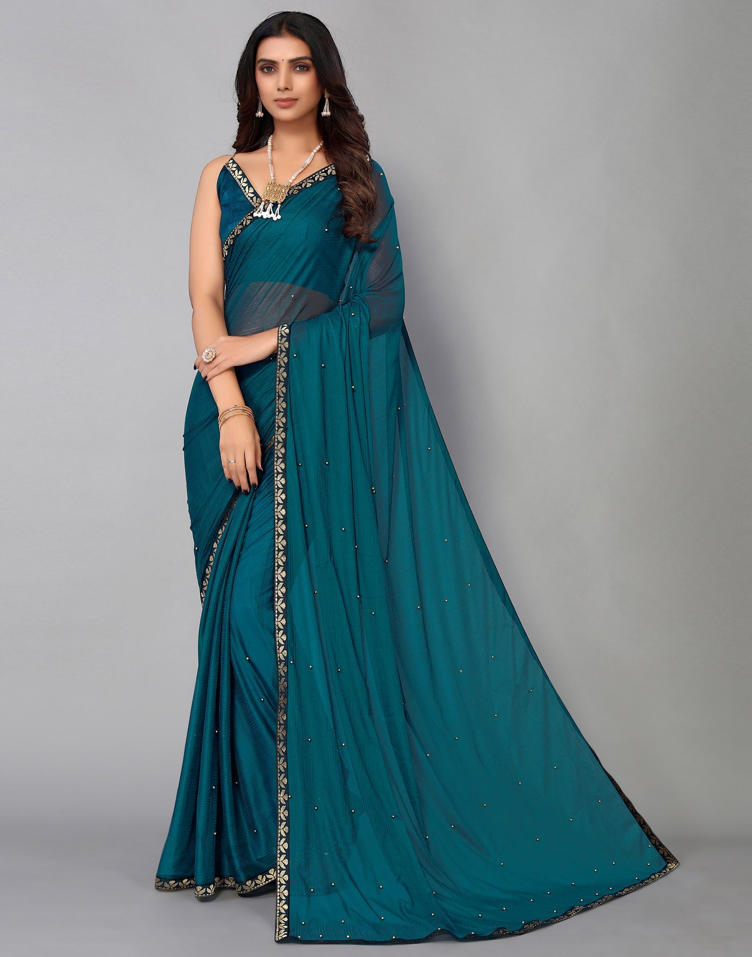 Rama Green Lycra Plain Saree | Sudathi