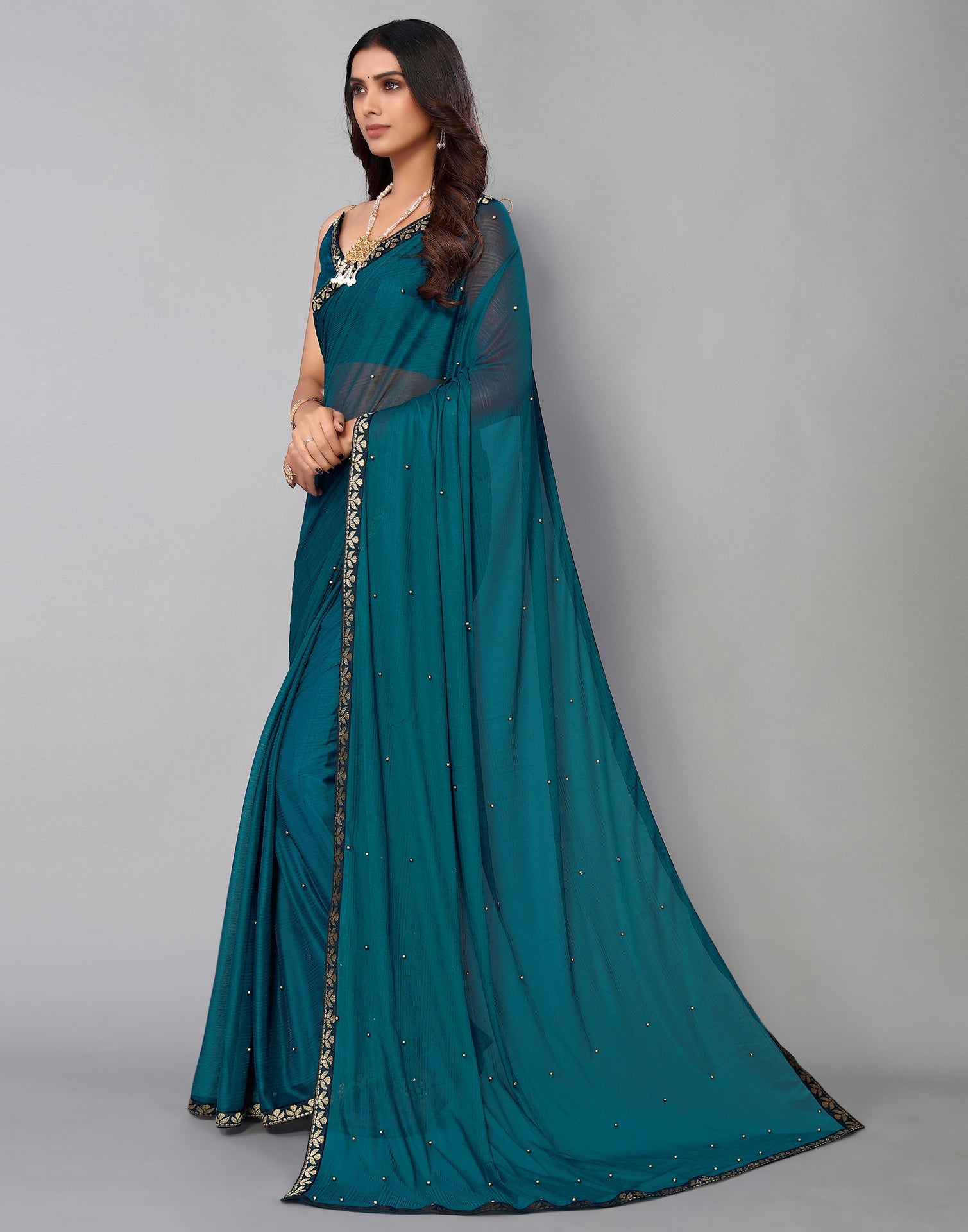 Rama Green Lycra Plain Saree | Sudathi