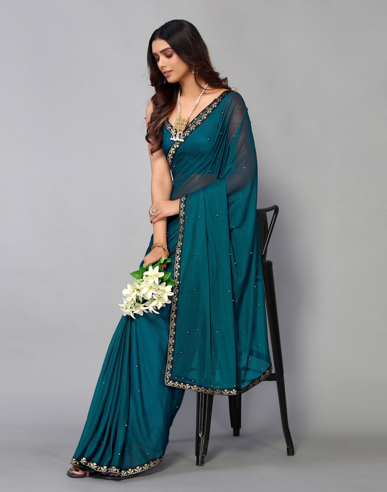 Rama Green Lycra Plain Saree | Sudathi