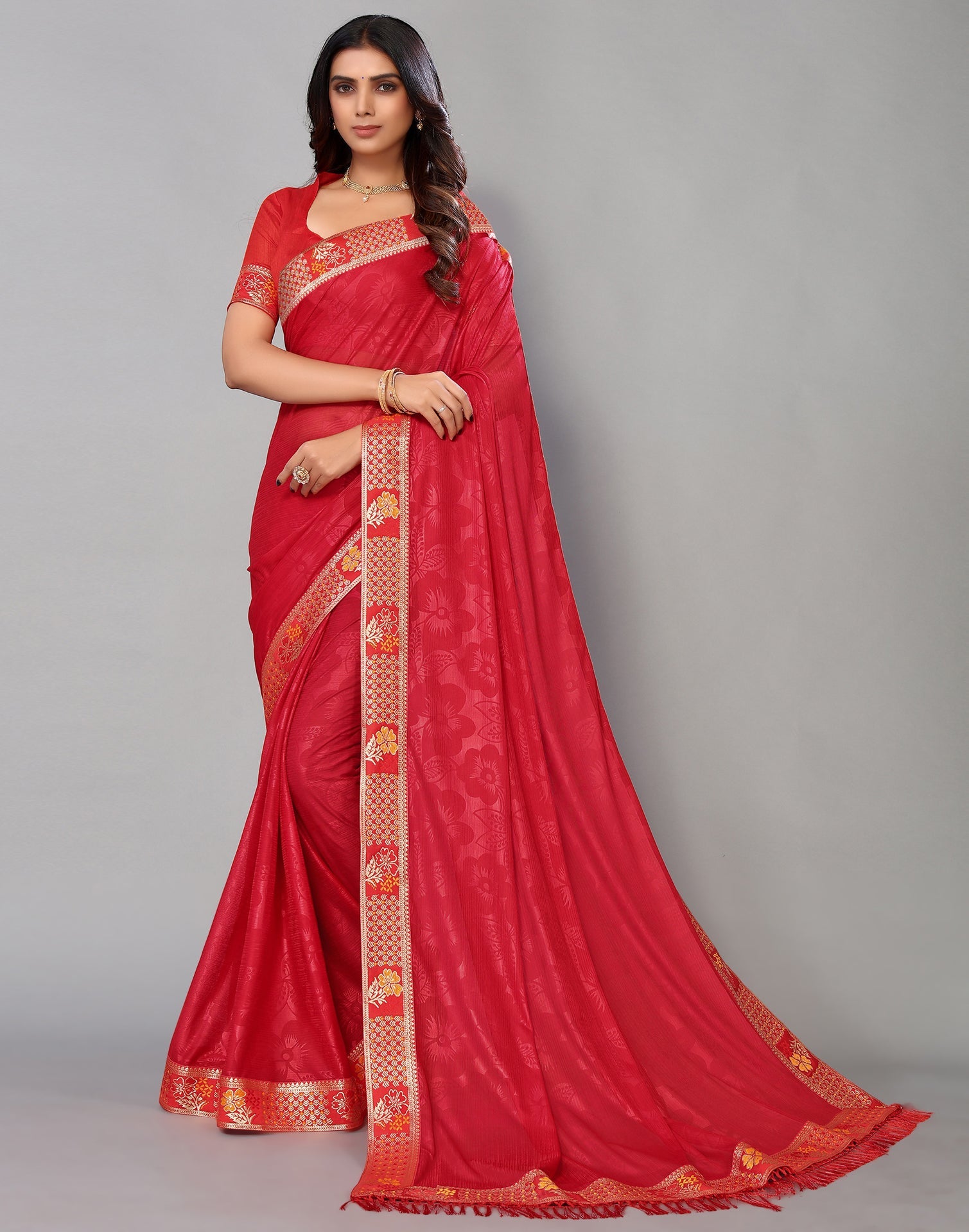 Red Lycra Printed Saree | Sudathi