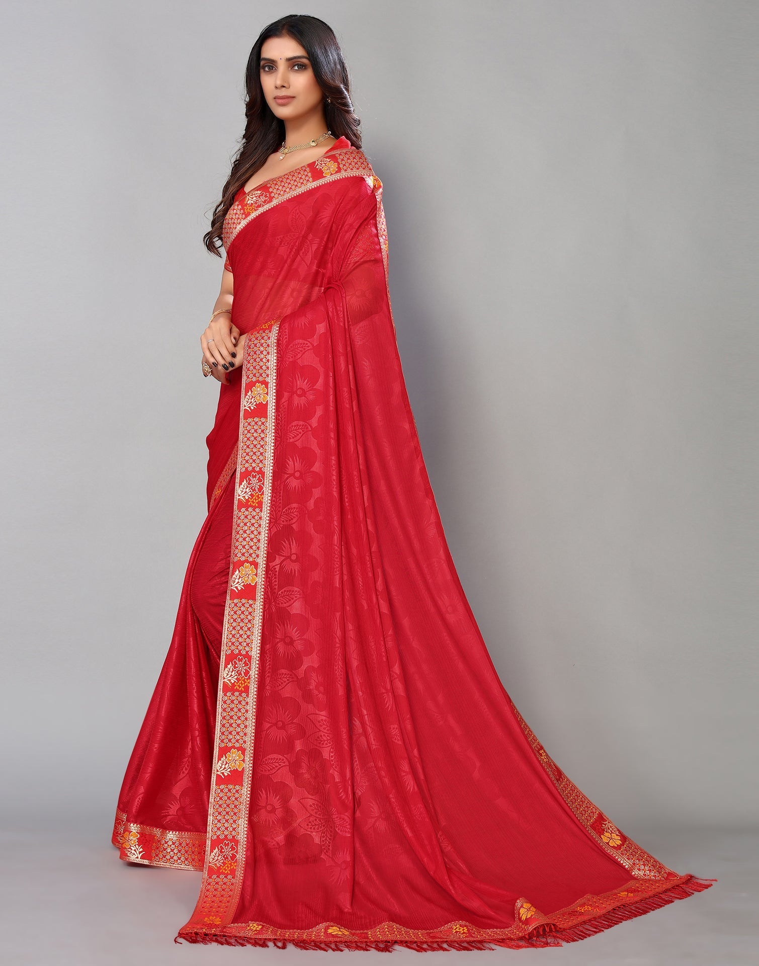 Red Lycra Printed Saree | Sudathi
