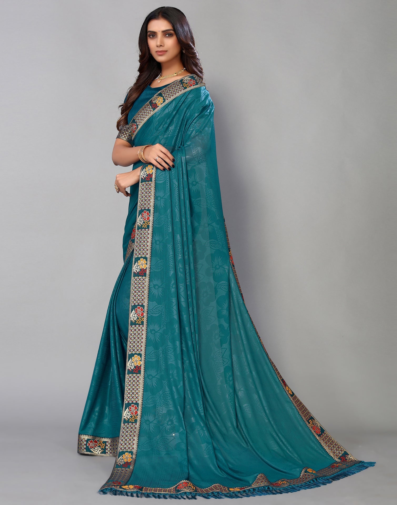 Rama Green Lycra Printed Saree | Sudathi