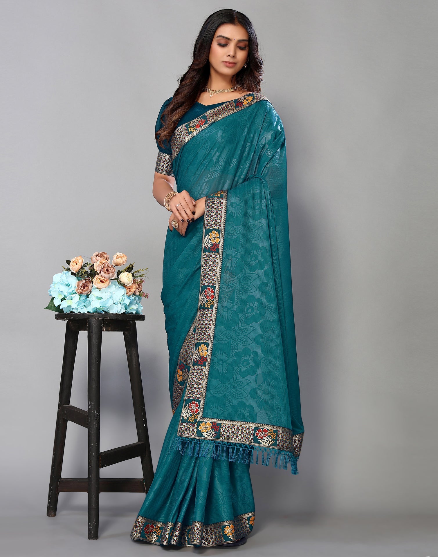 Rama Green Lycra Printed Saree | Sudathi