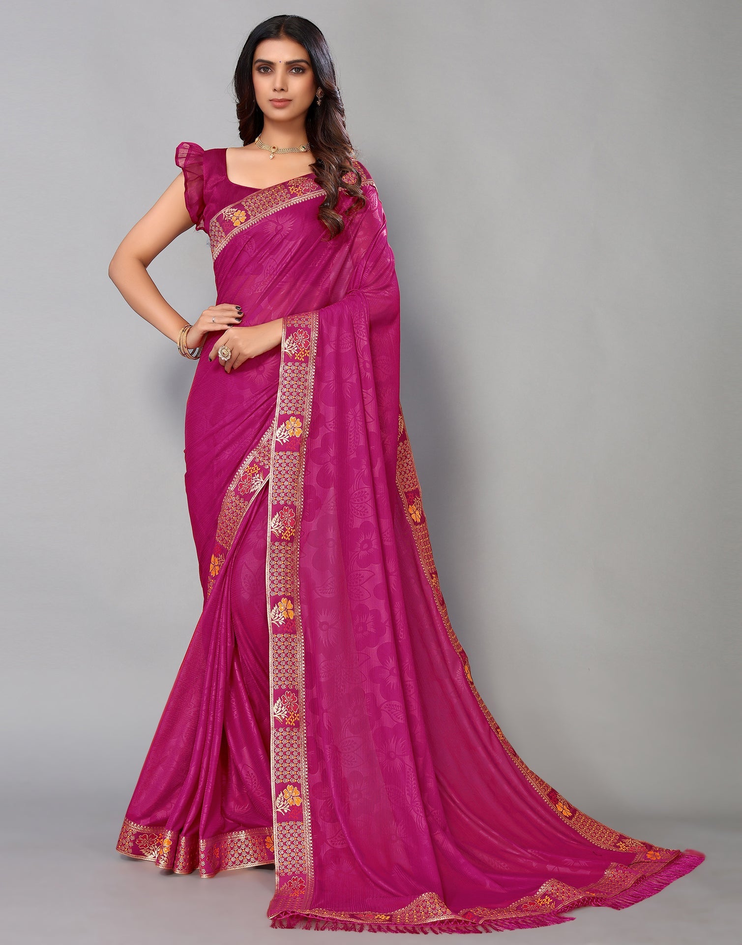 Hot Pink Lycra Printed Saree | Sudathi