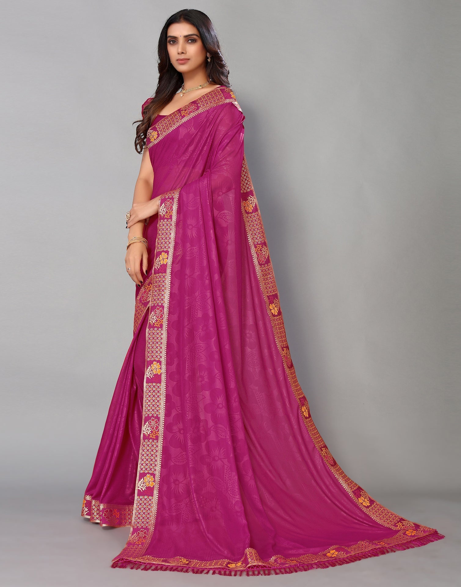 Hot Pink Lycra Printed Saree | Sudathi