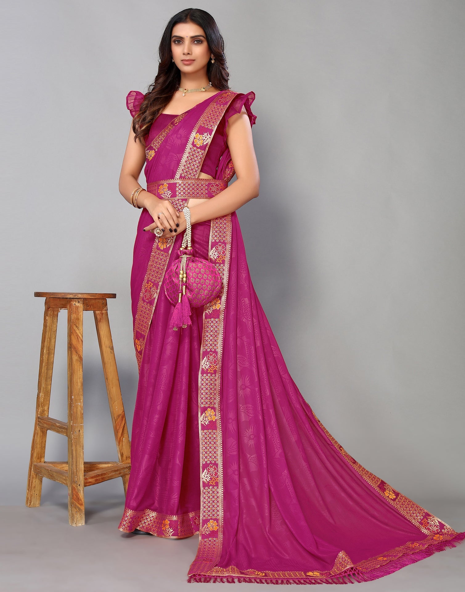 Hot Pink Lycra Printed Saree | Sudathi