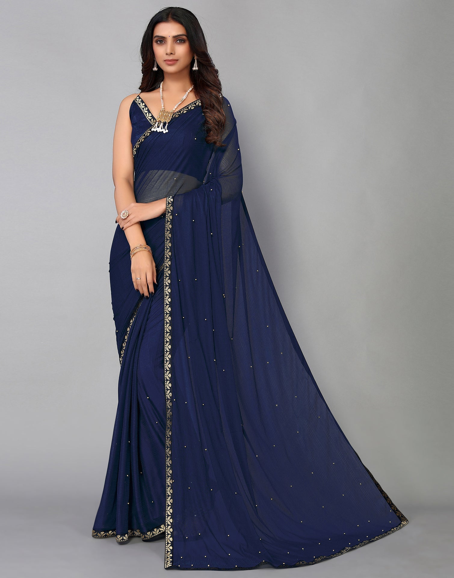 Navy Blue Peral Work Lycra Saree | Sudathi