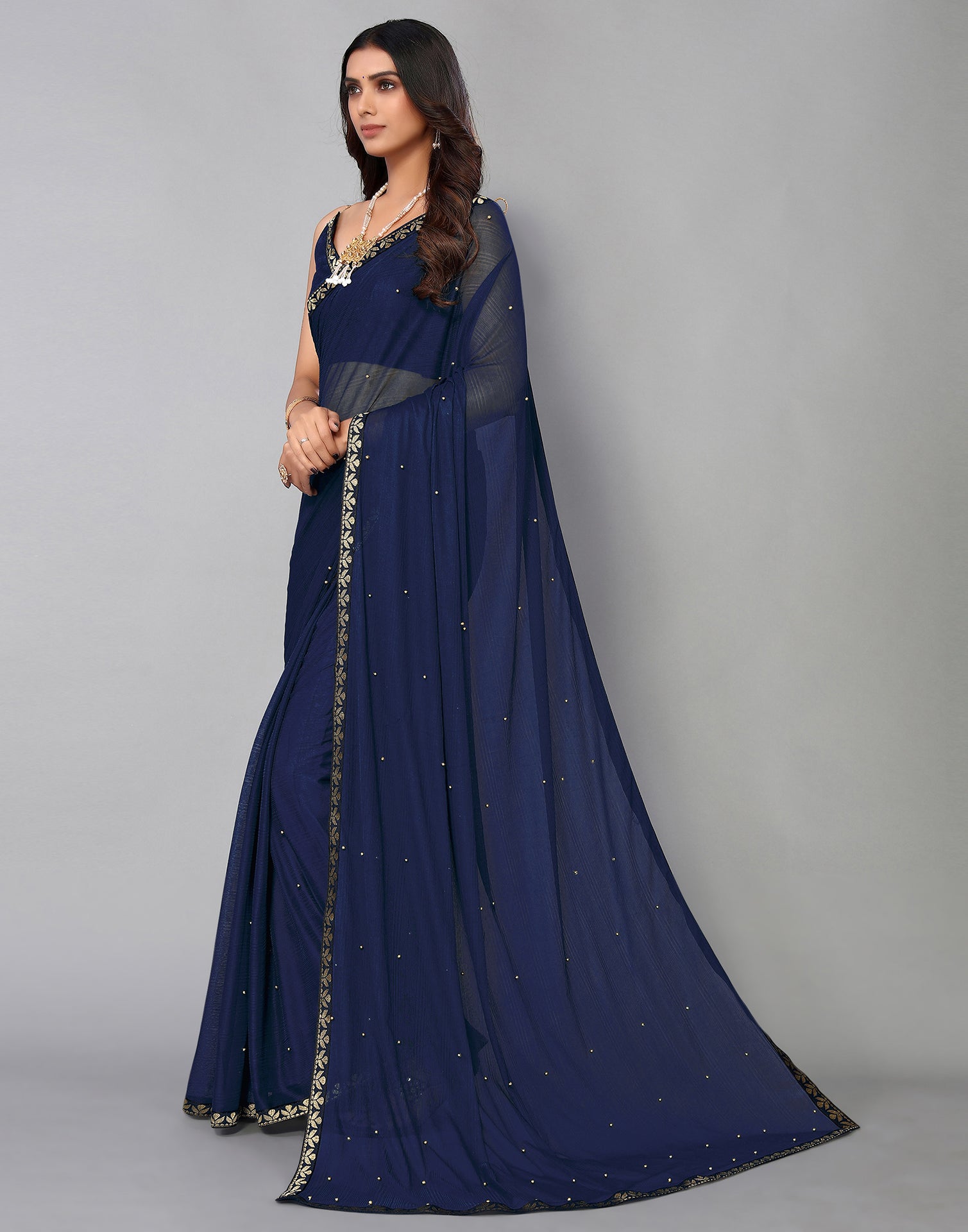 Navy Blue Peral Work Lycra Saree | Sudathi