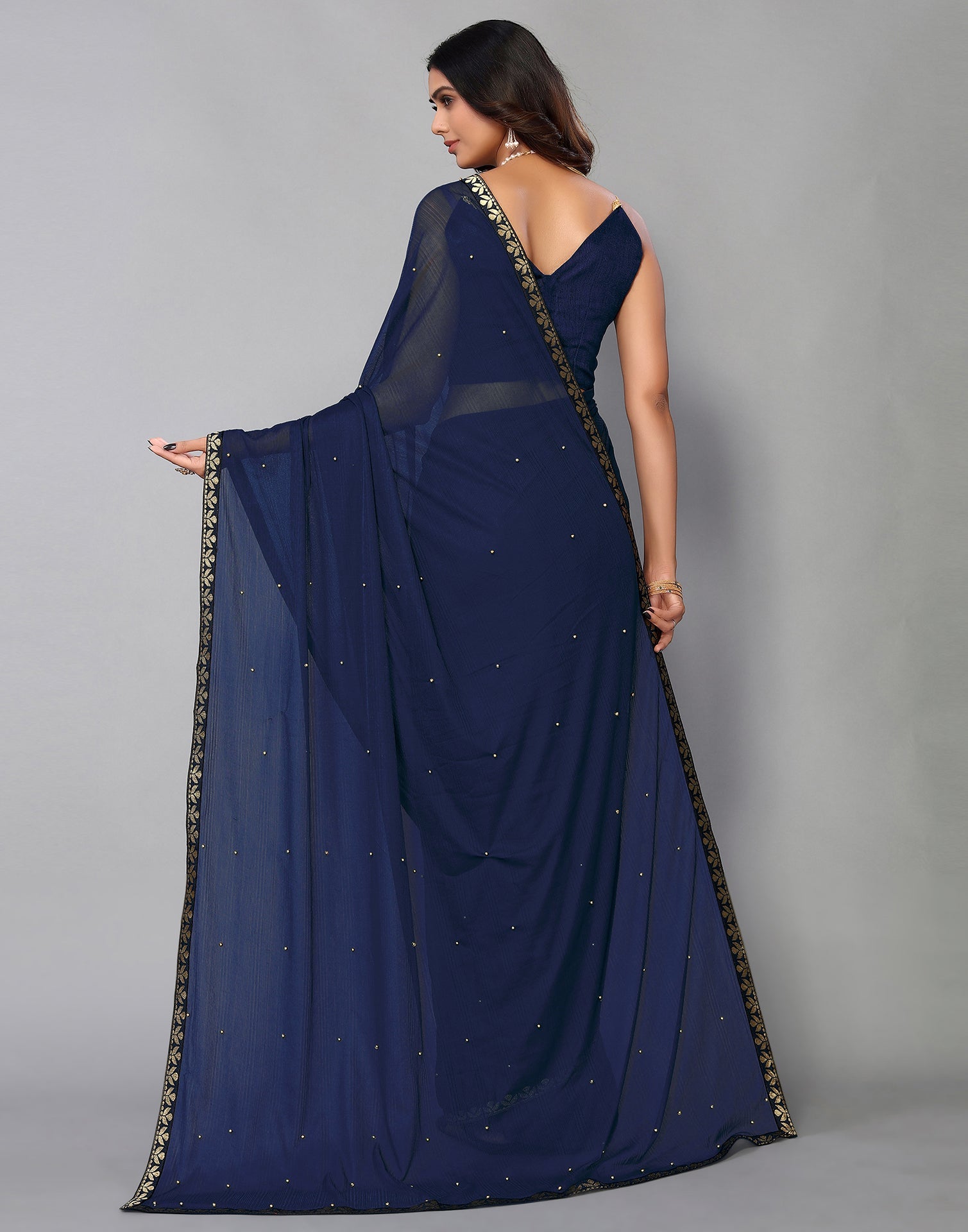 Navy Blue Peral Work Lycra Saree | Sudathi