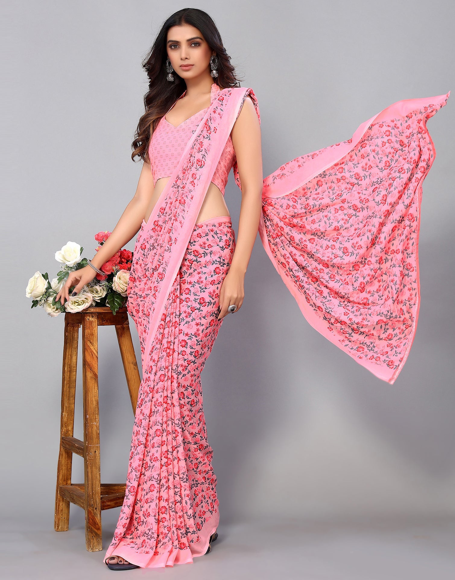 Rose Pink Georgette Printed Saree | Sudathi