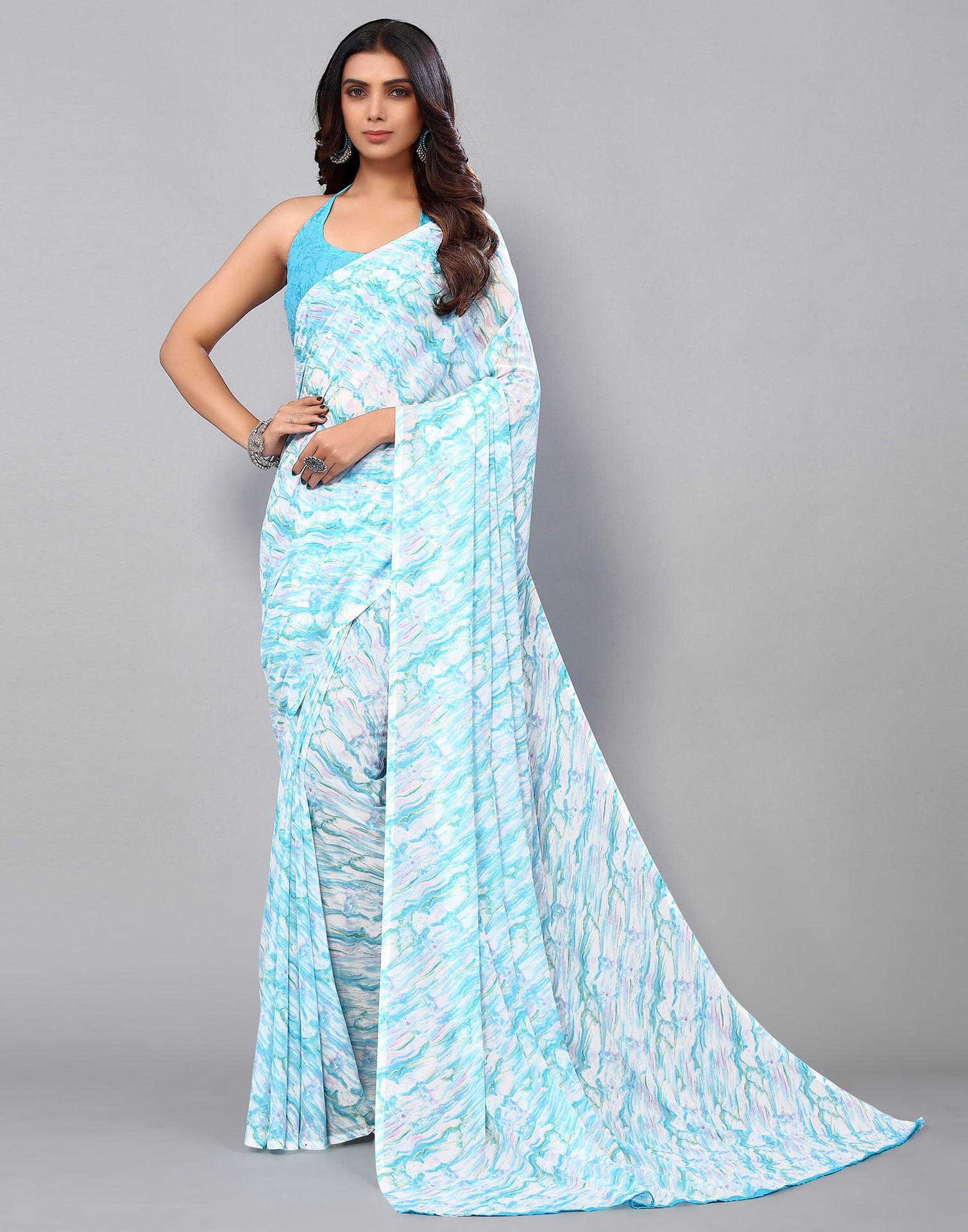 White & Light Blue Georgette Printed Saree | Sudathi