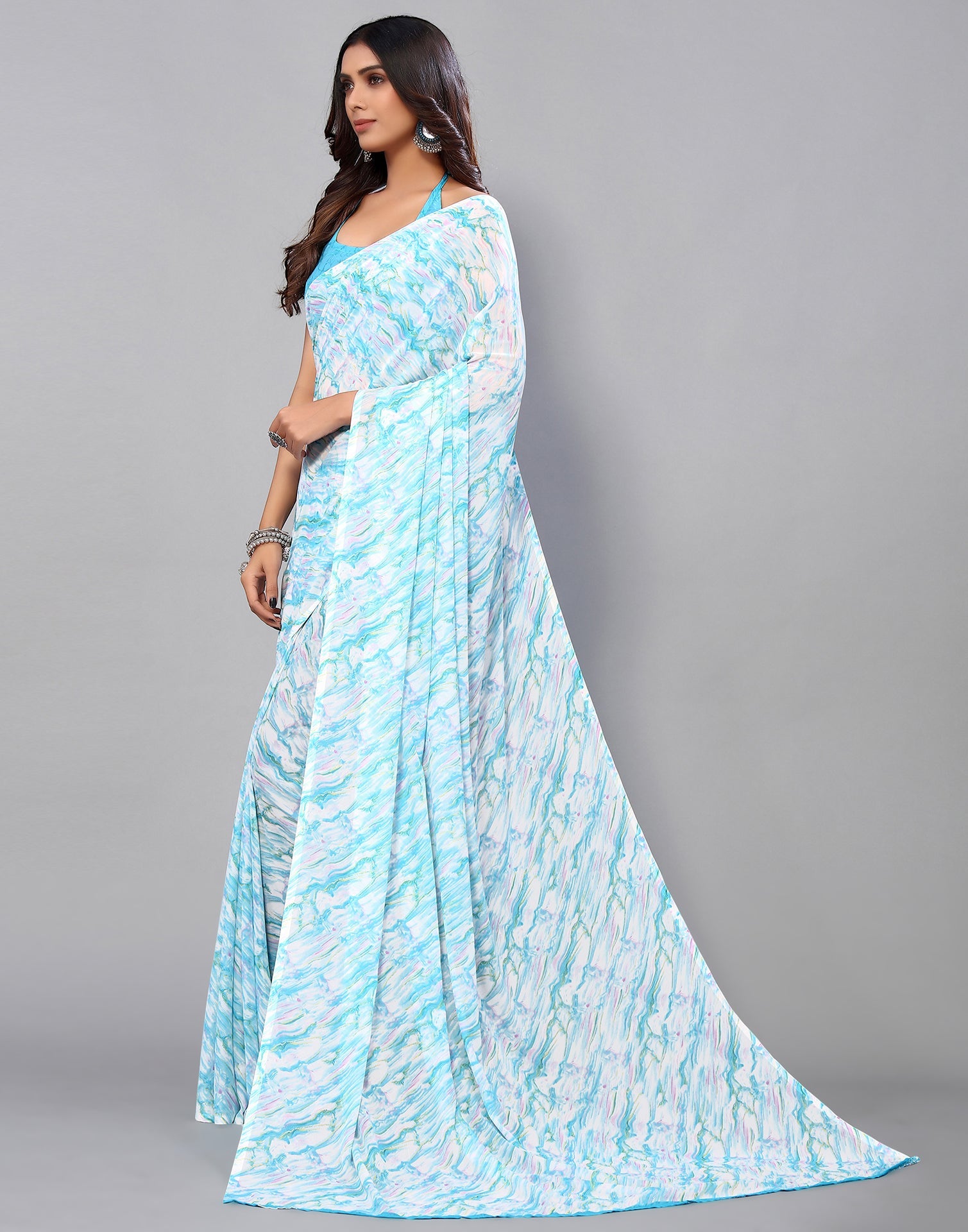 White & Light Blue Georgette Printed Saree | Sudathi