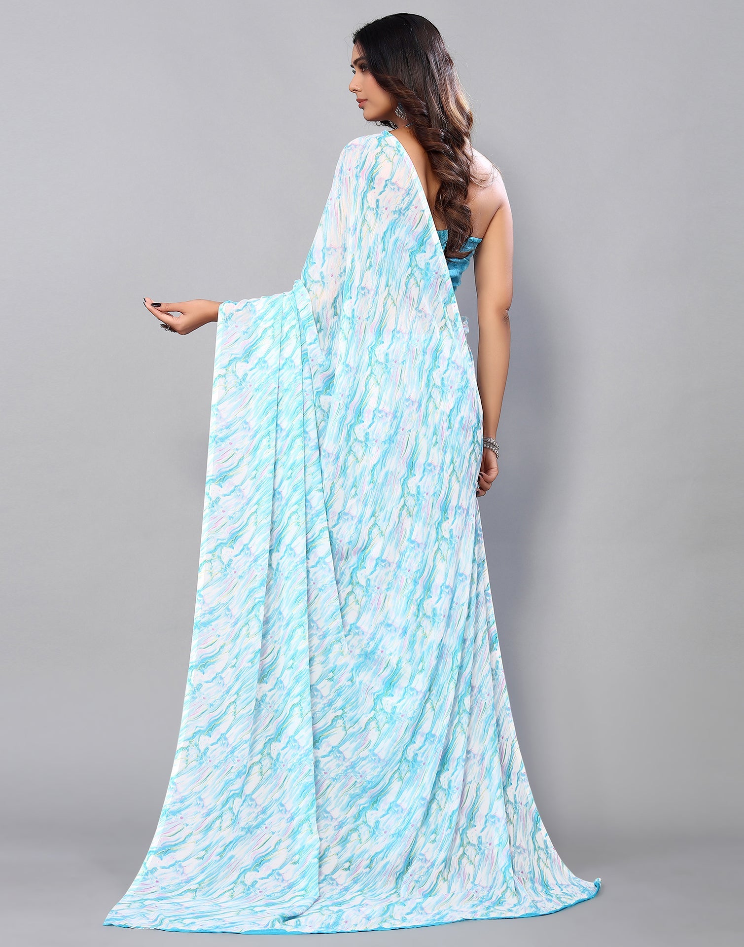 White & Light Blue Georgette Printed Saree | Sudathi