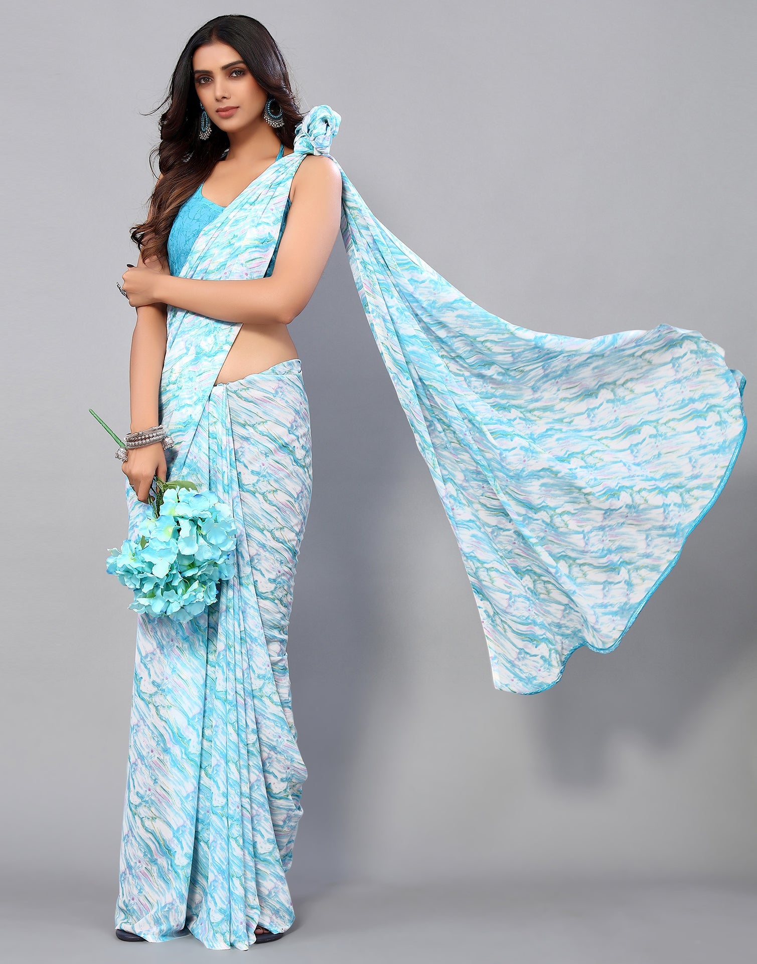 White & Light Blue Georgette Printed Saree | Sudathi