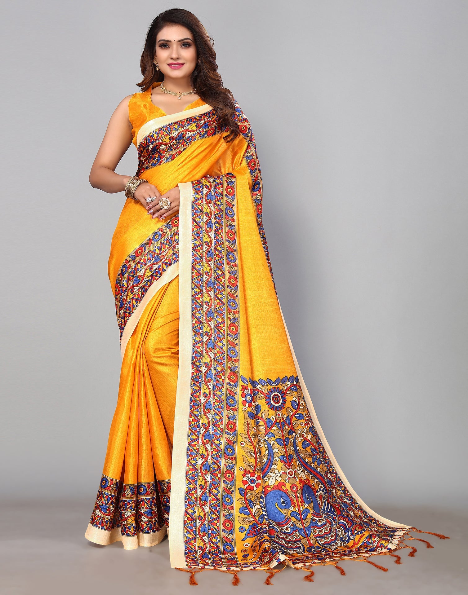 Yellow Silk Printed Saree | Sudathi