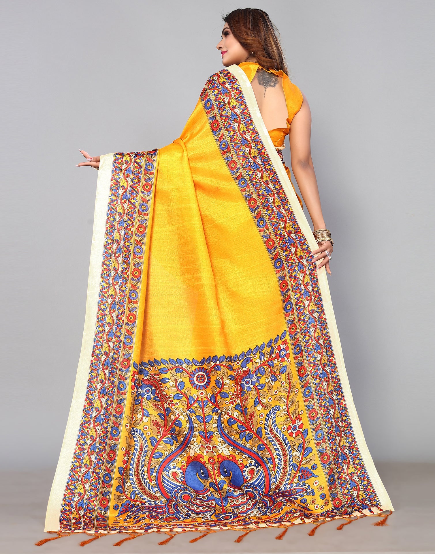 Yellow Silk Printed Saree | Sudathi