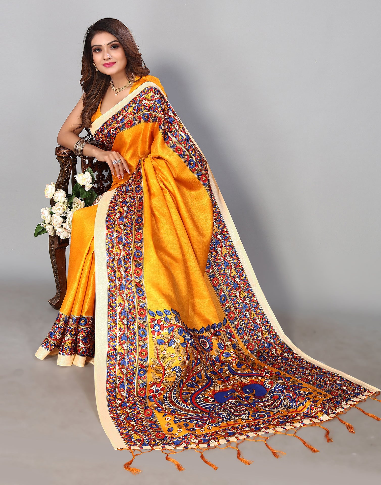Yellow Silk Printed Saree | Sudathi
