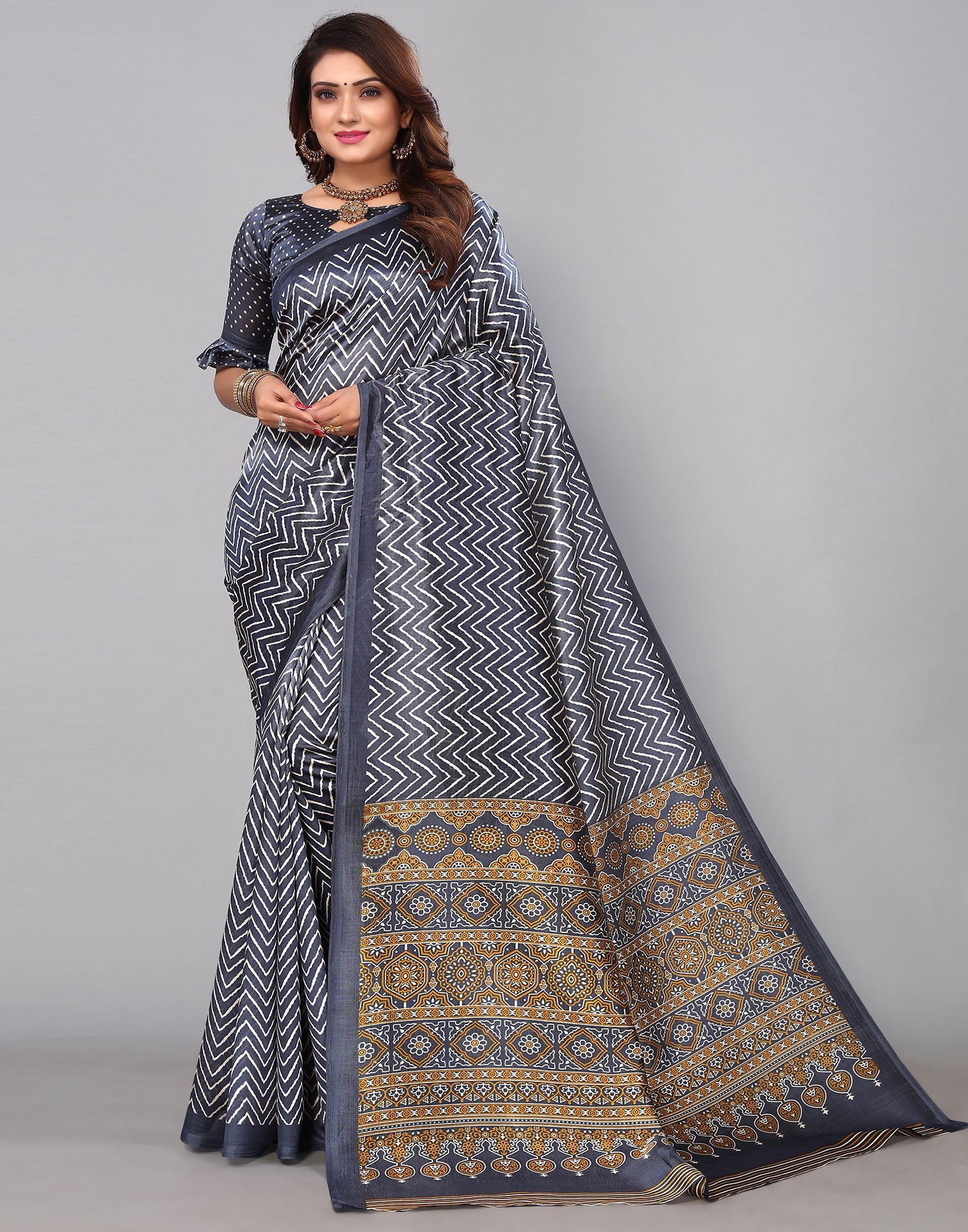 Grey Silk Printed Saree | Sudathi