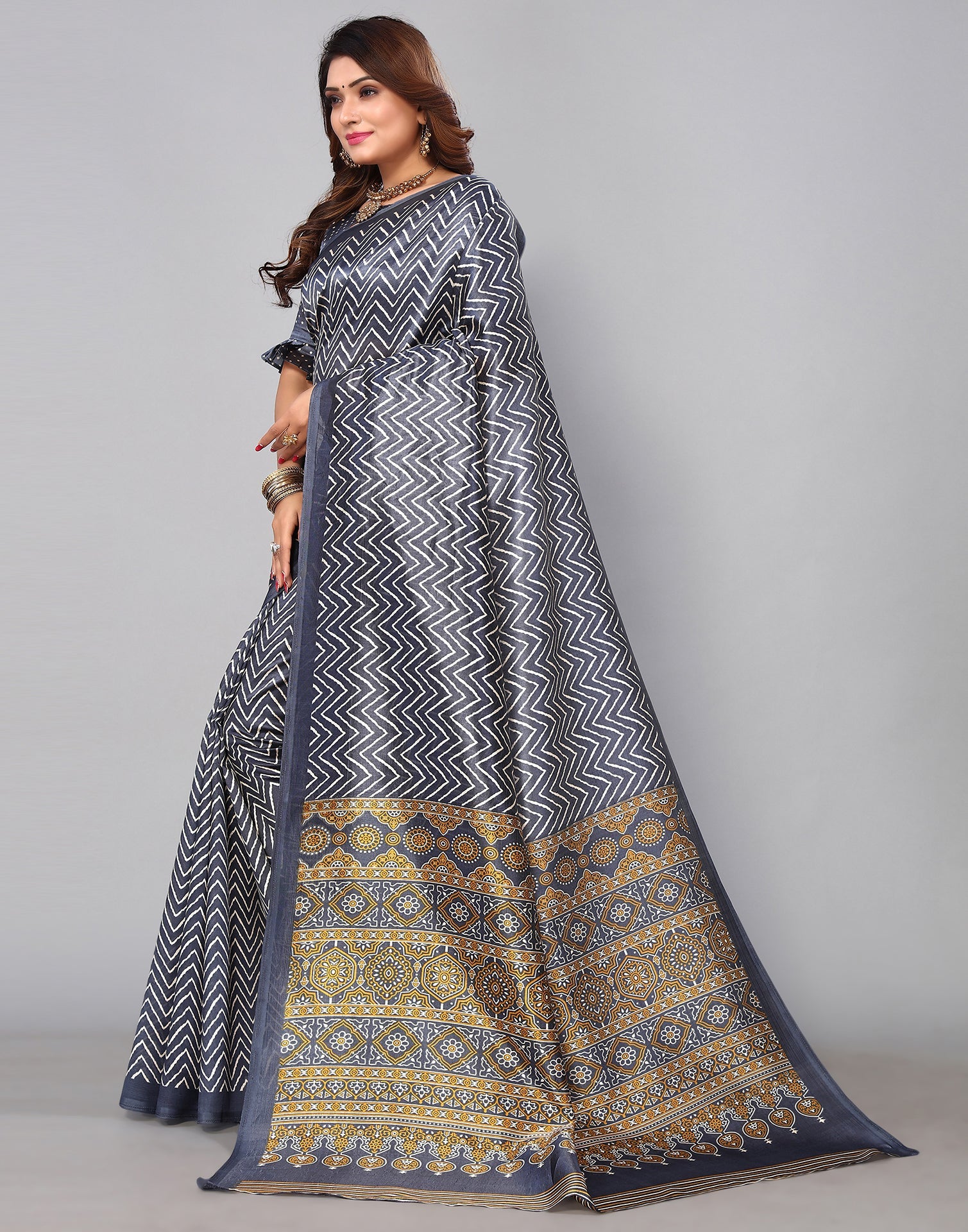 Grey Silk Printed Saree | Sudathi
