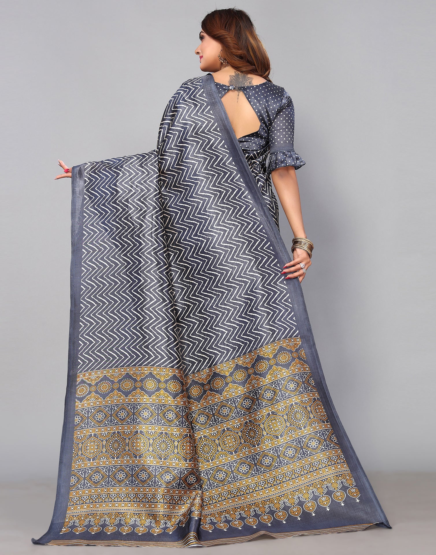 Grey Silk Printed Saree | Sudathi