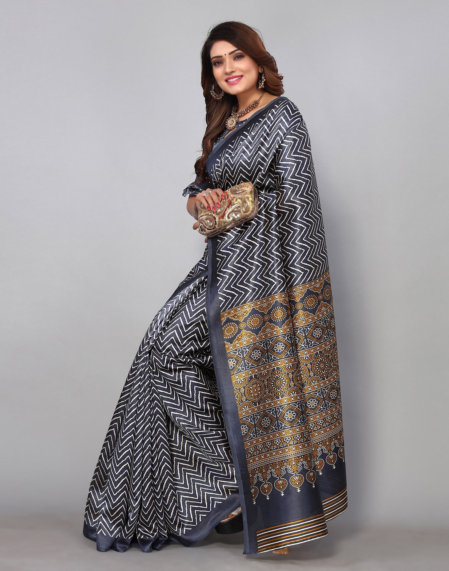 Grey Silk Printed Saree | Sudathi