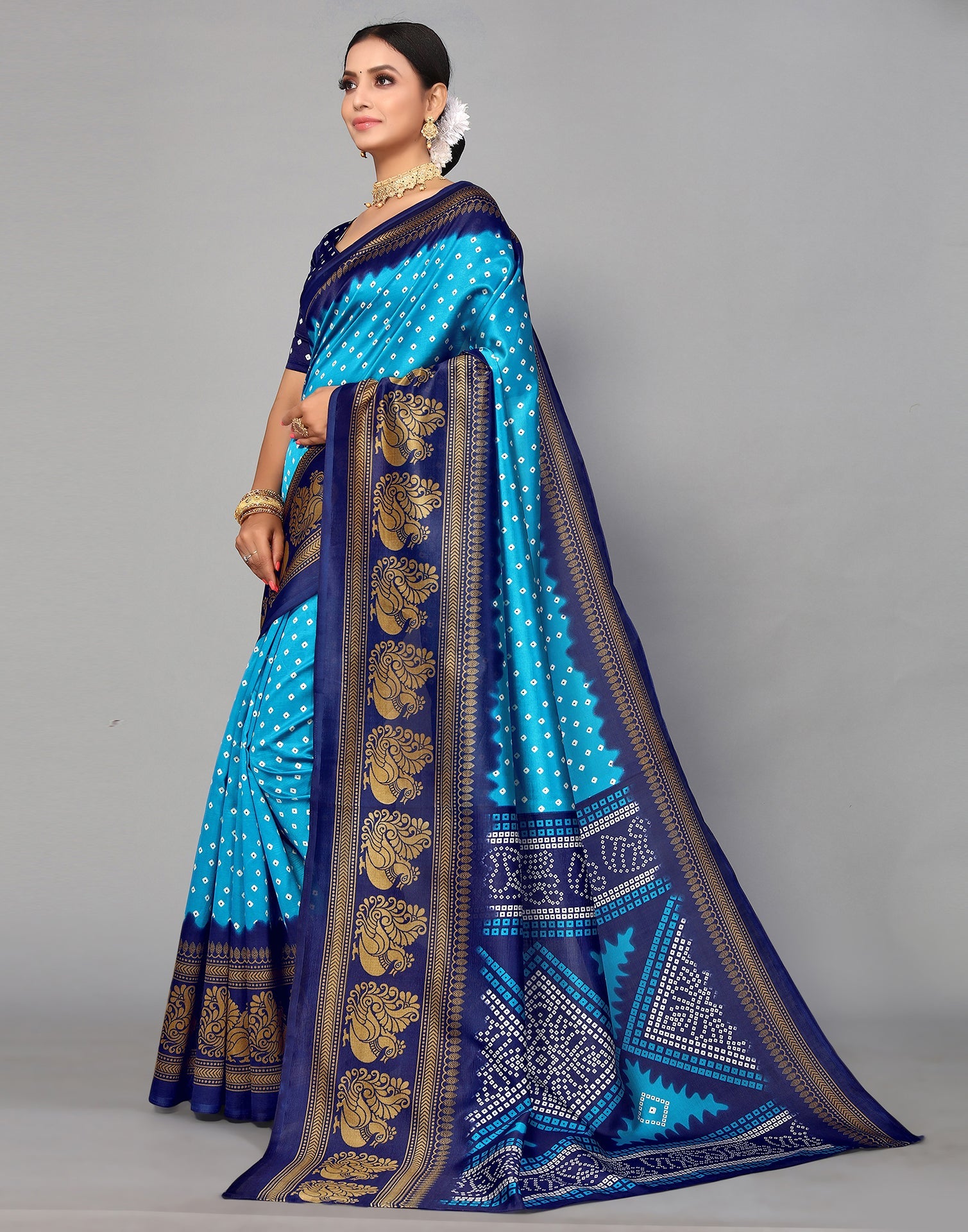 Sky Blue Silk Printed Saree | Sudathi