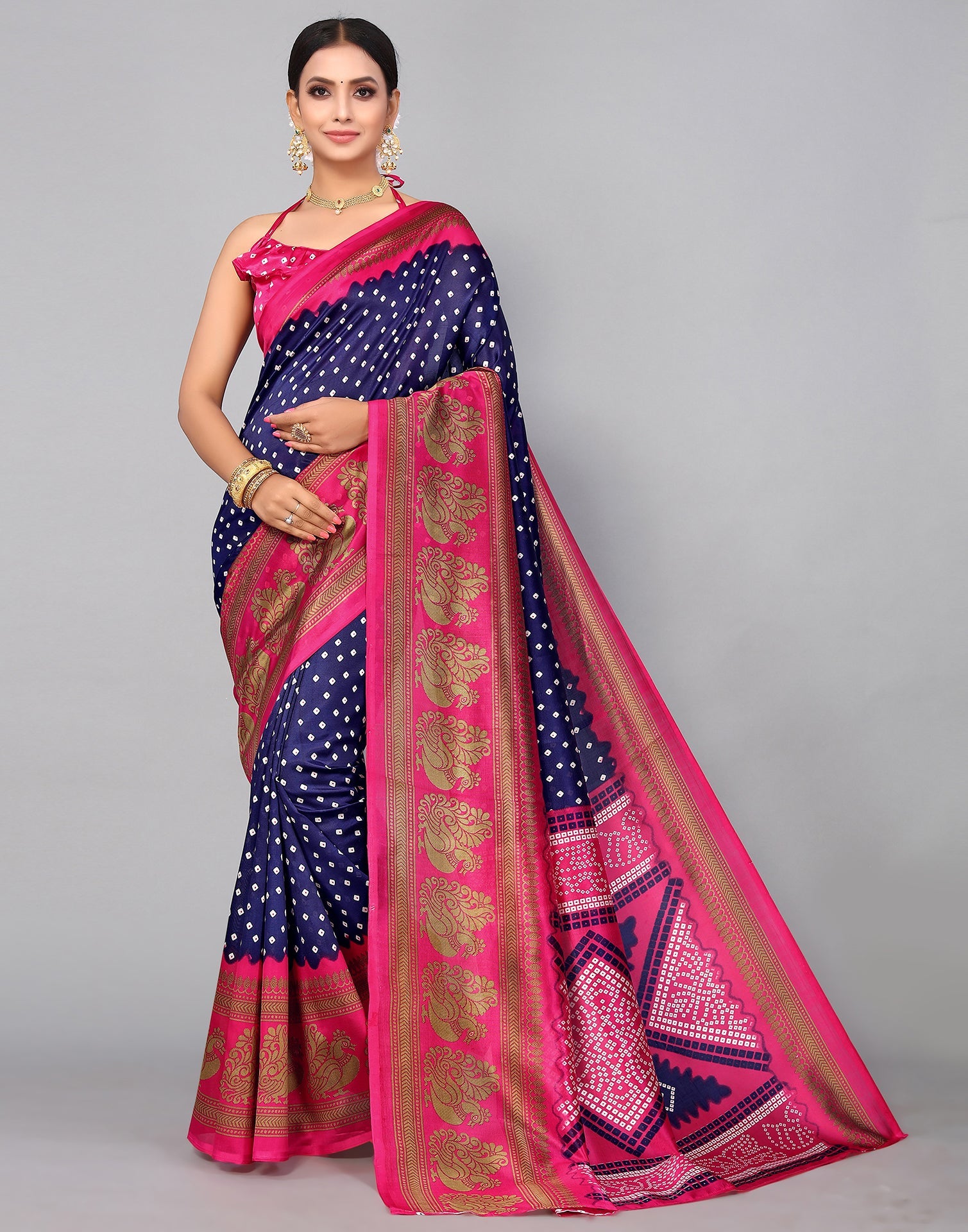 Navy Blue Silk Printed Saree | Sudathi