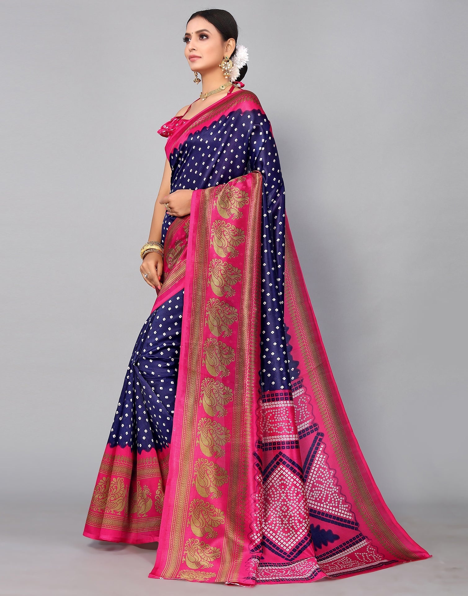 Navy Blue Silk Printed Saree | Sudathi