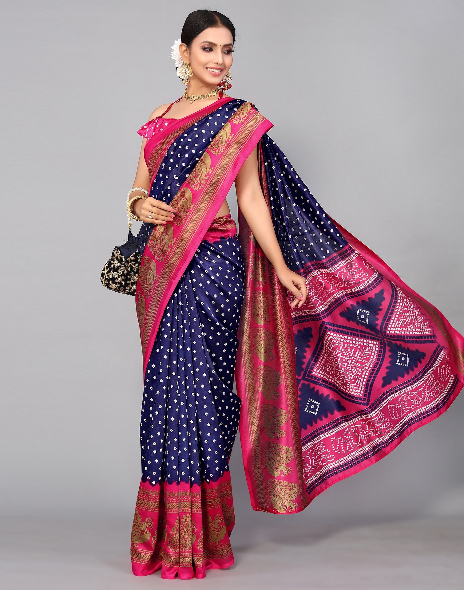Navy Blue Silk Printed Saree | Sudathi