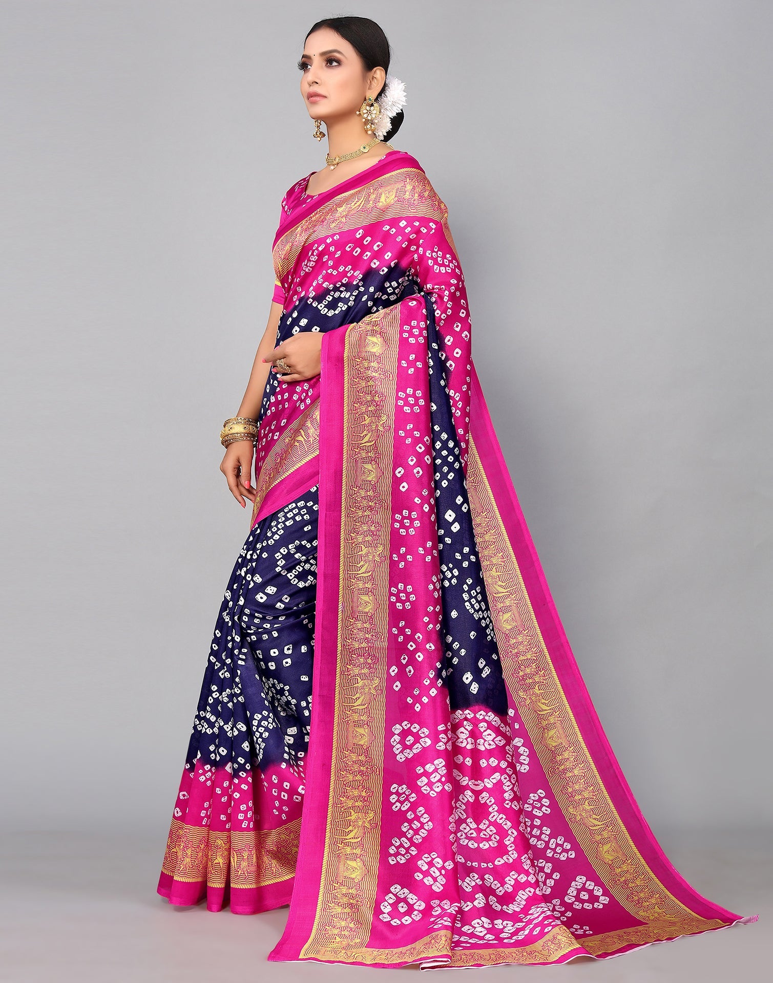 Navy Blue Silk Printed Saree | Sudathi