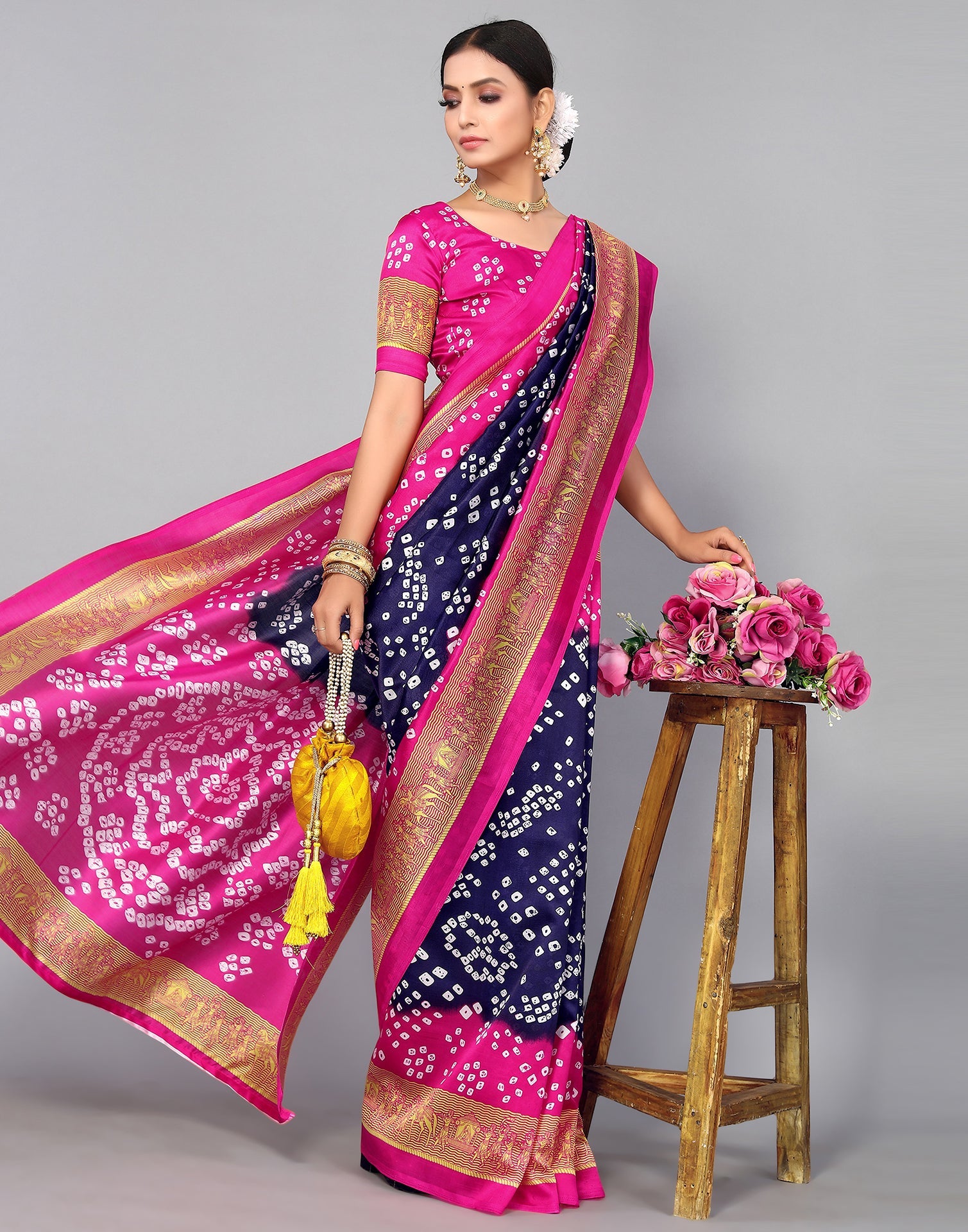 Navy Blue Silk Printed Saree | Sudathi