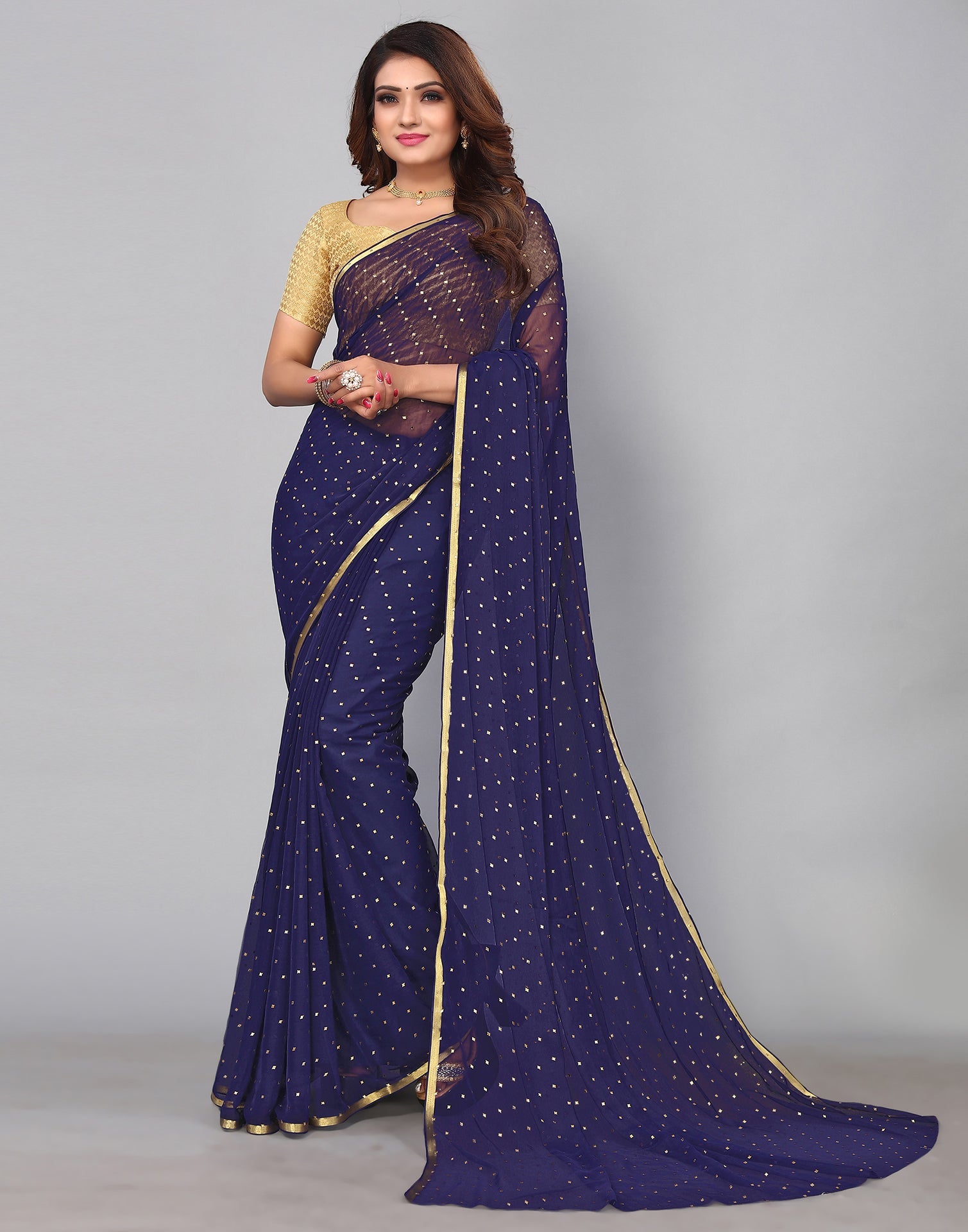 Navy Blue Chiffon Plain Saree | Sudathi