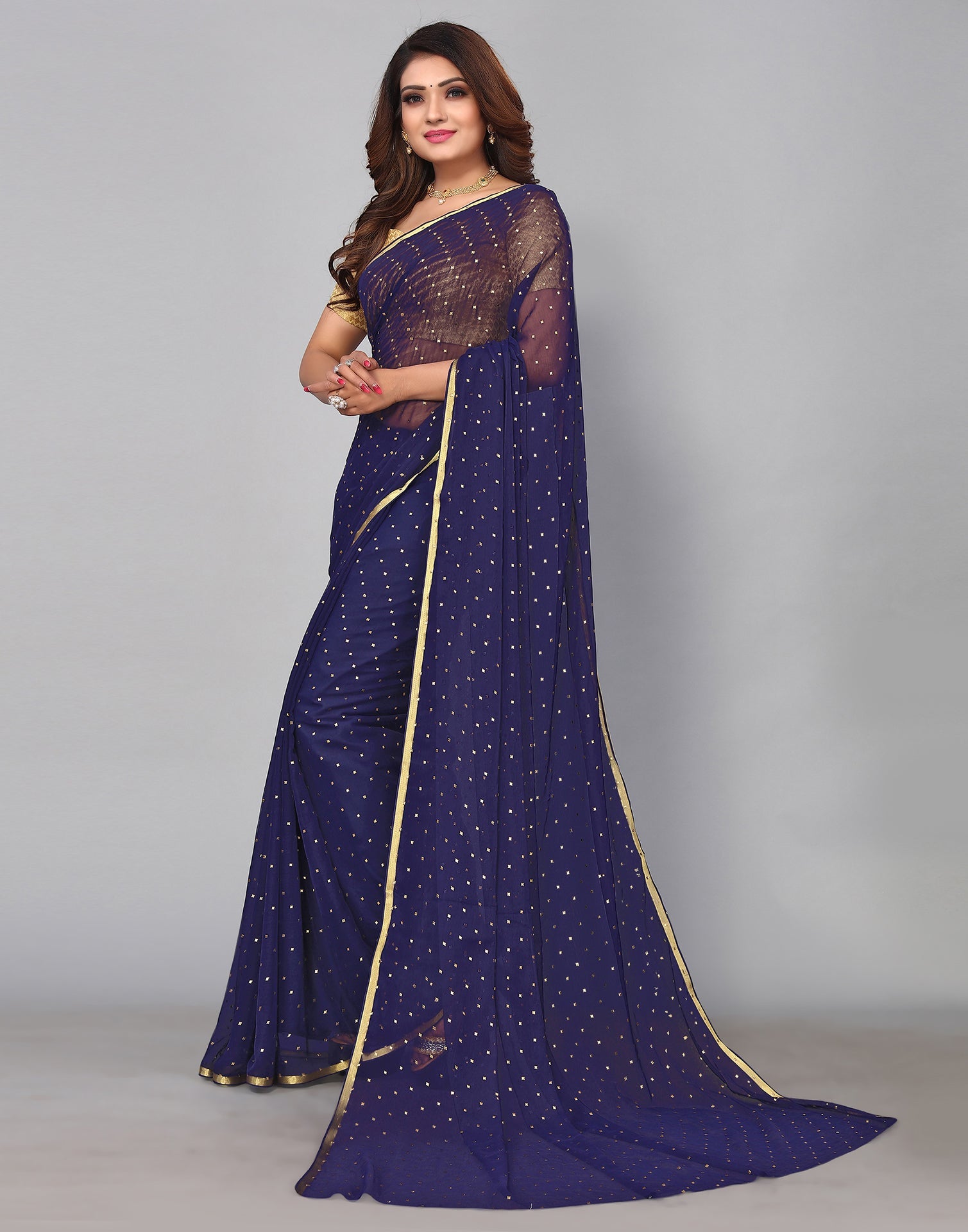 Navy Blue Chiffon Plain Saree | Sudathi