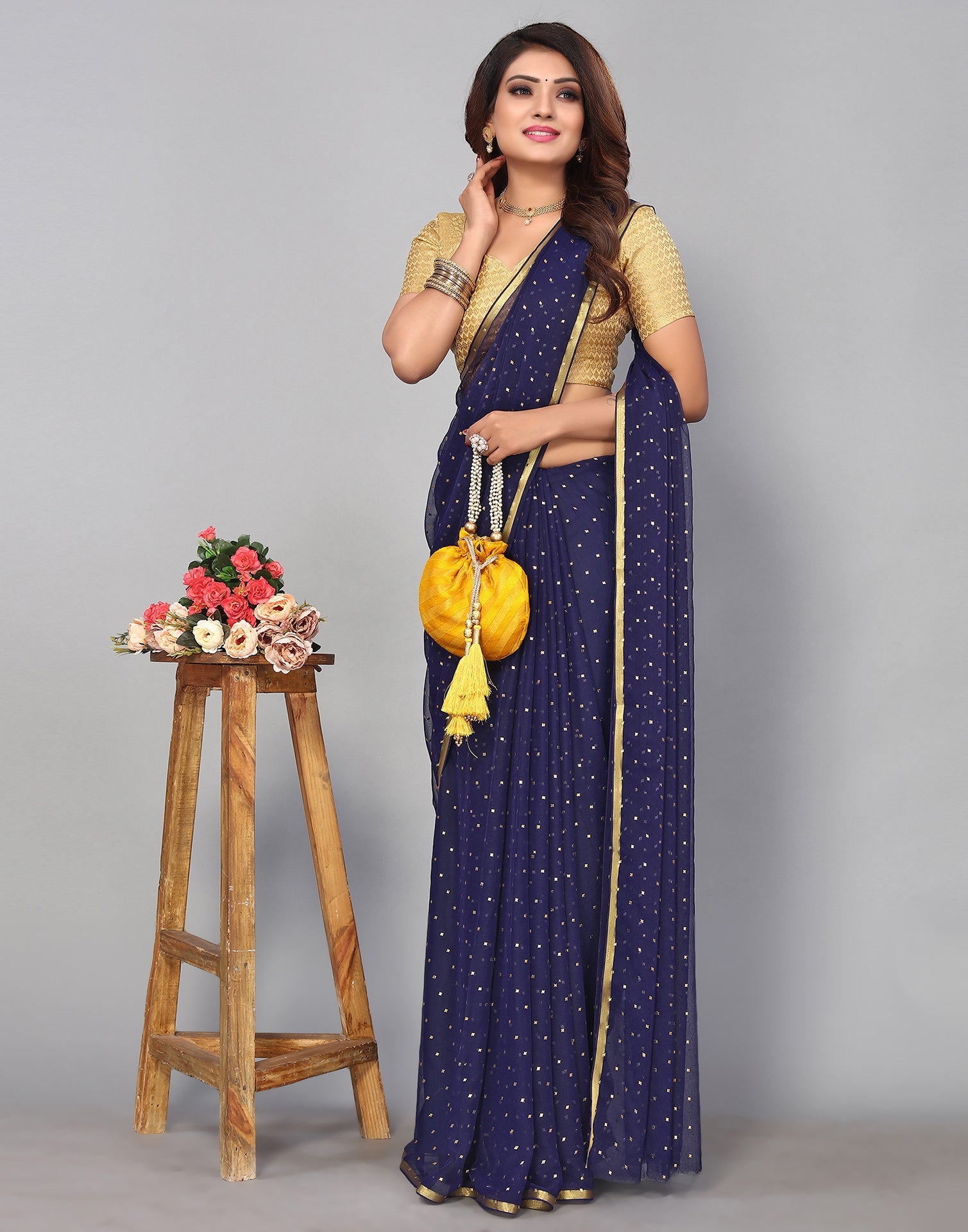 Navy Blue Chiffon Plain Saree | Sudathi