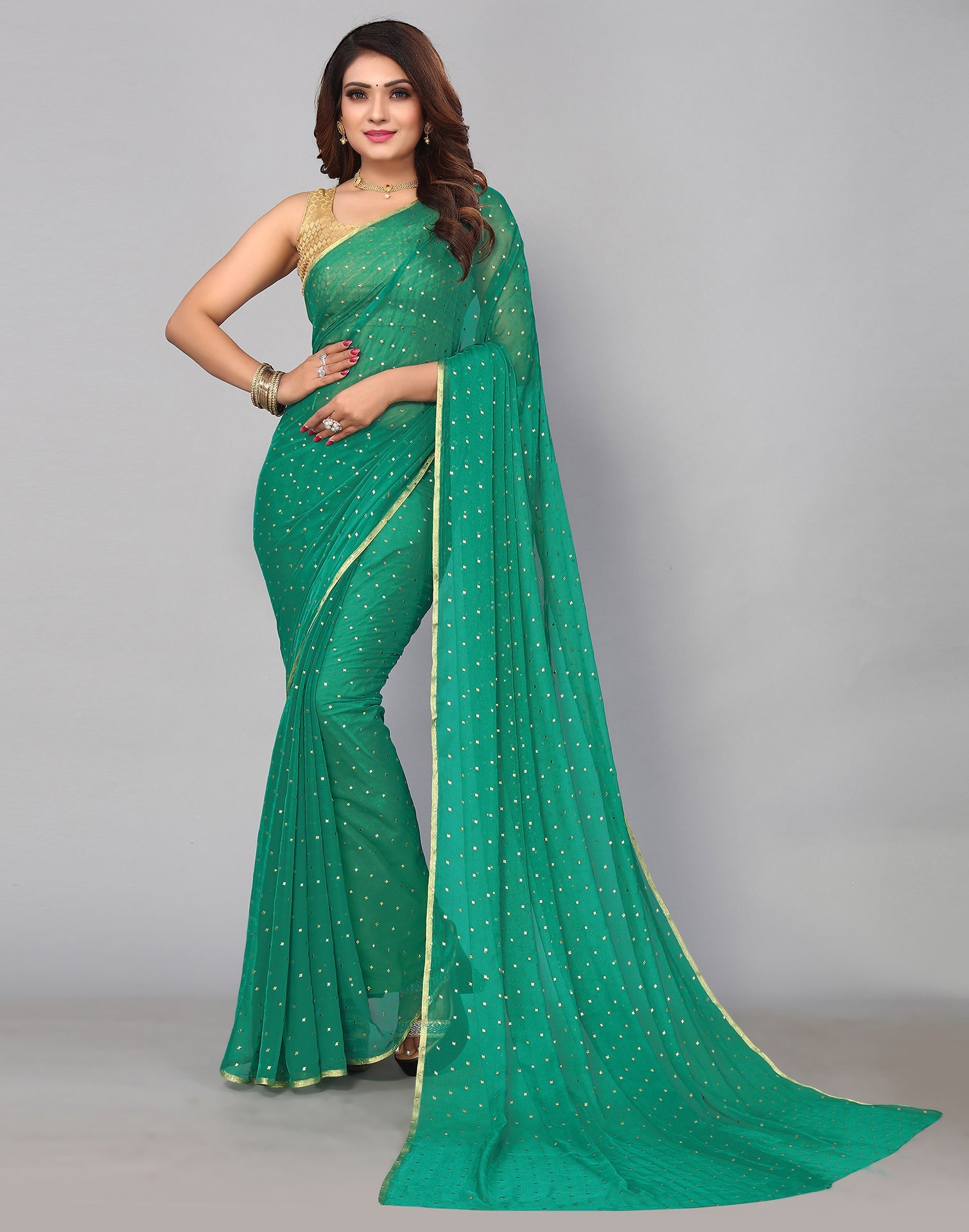 Green Chiffon Plain Saree | Sudathi
