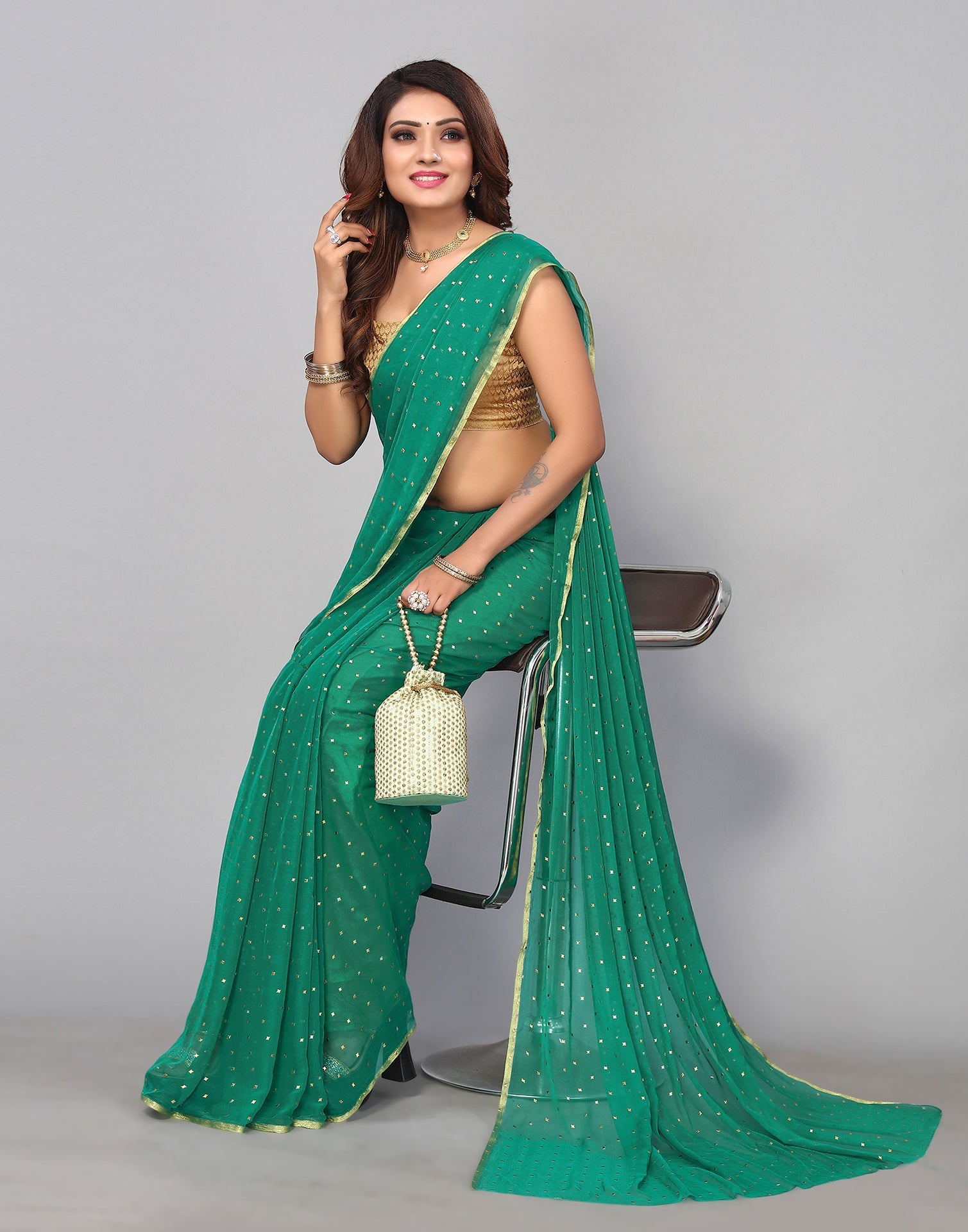 Green Chiffon Plain Saree | Sudathi