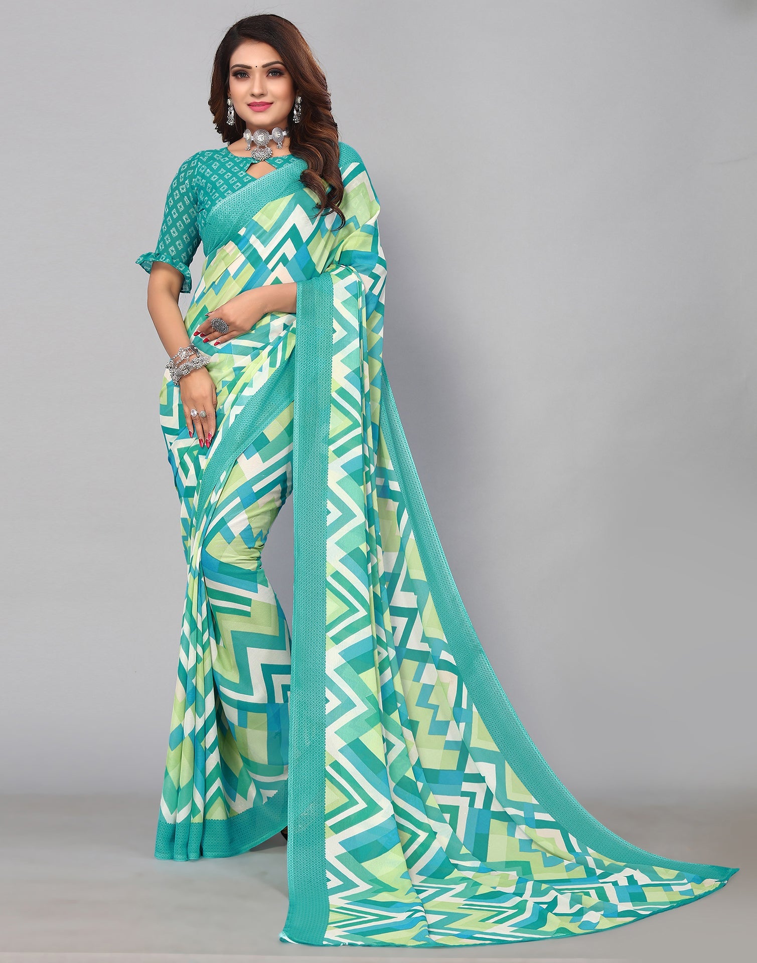 Light Turquoise Georgette Printed Saree | Sudathi