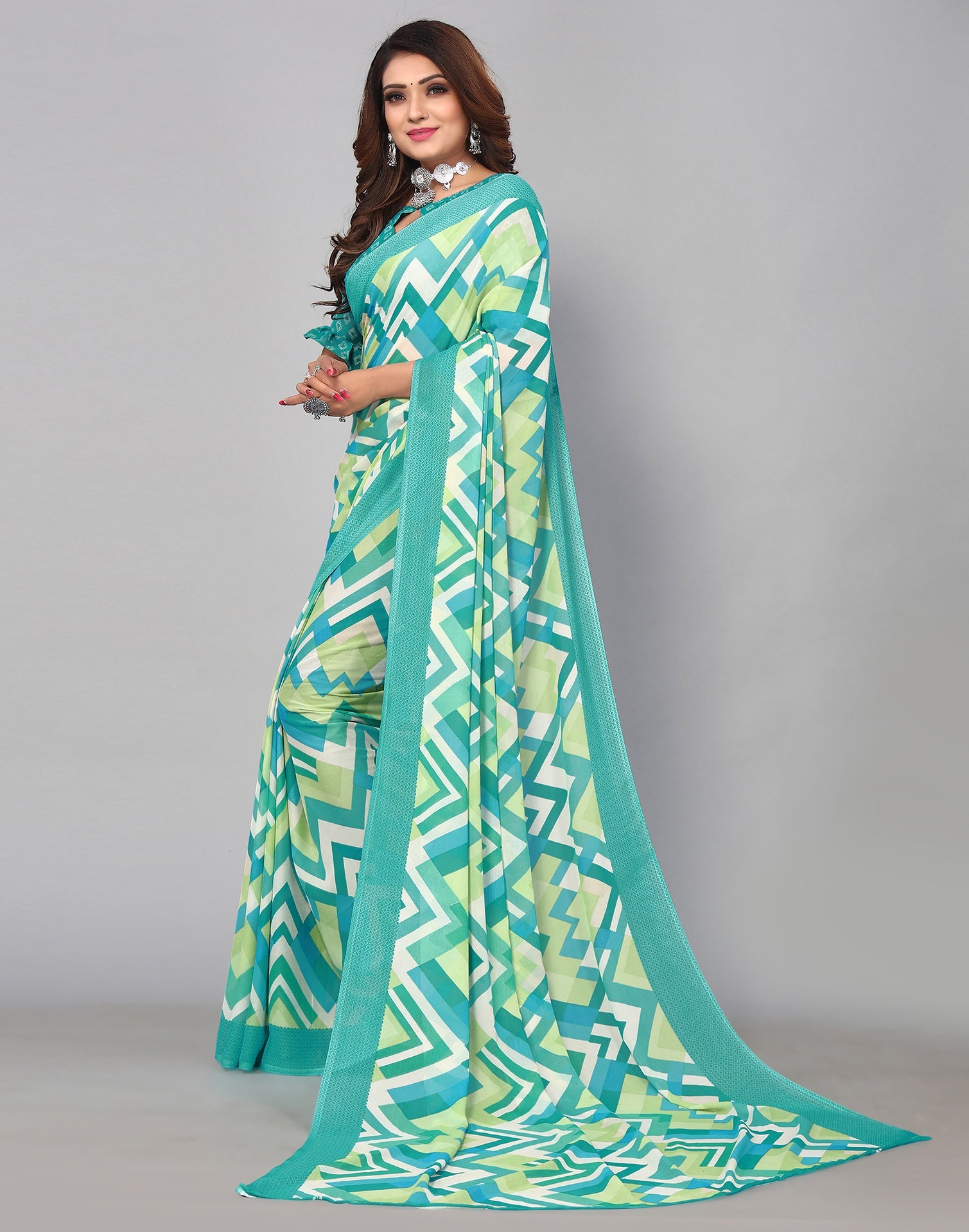 Light Turquoise Georgette Printed Saree | Sudathi