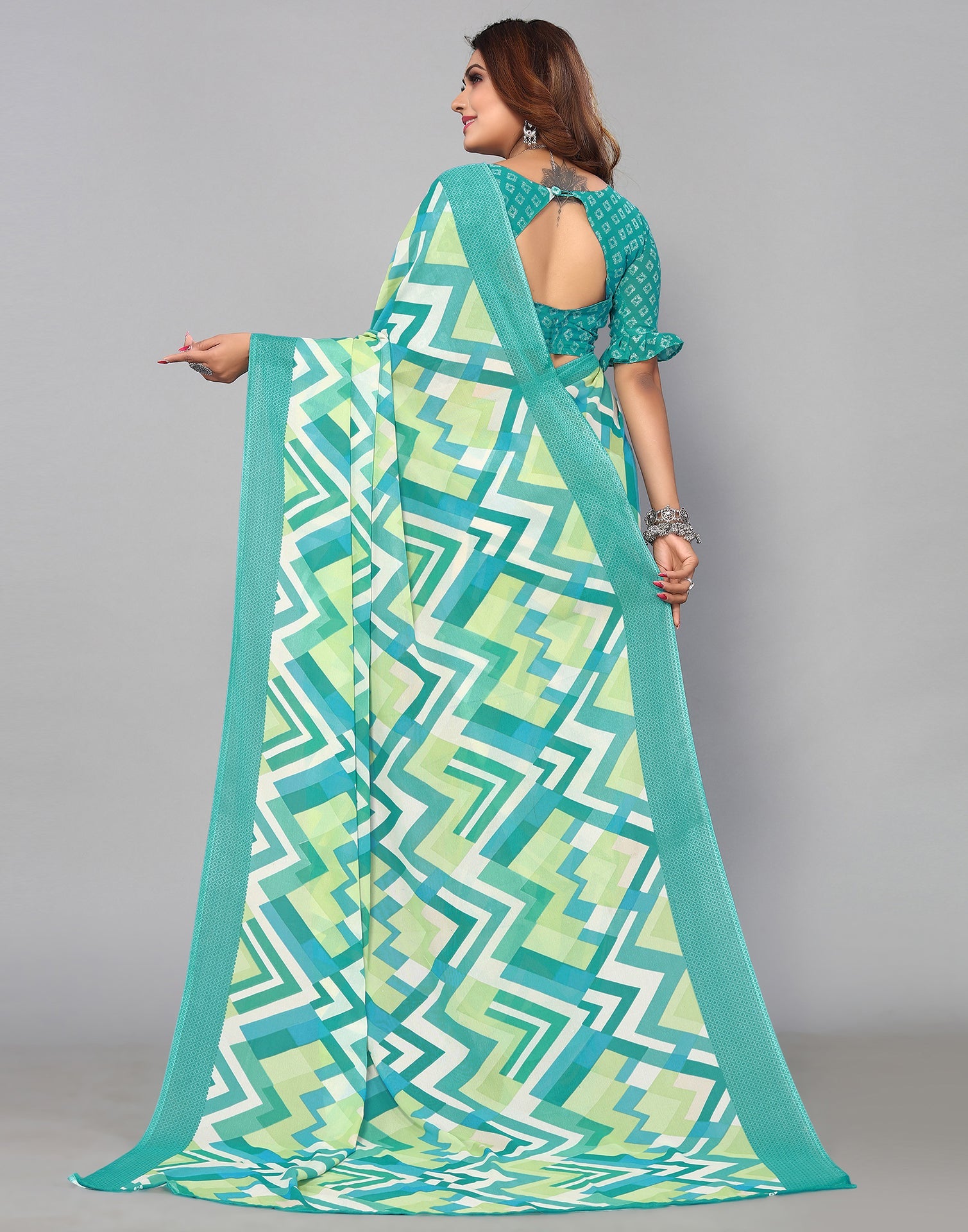 Light Turquoise Georgette Printed Saree | Sudathi
