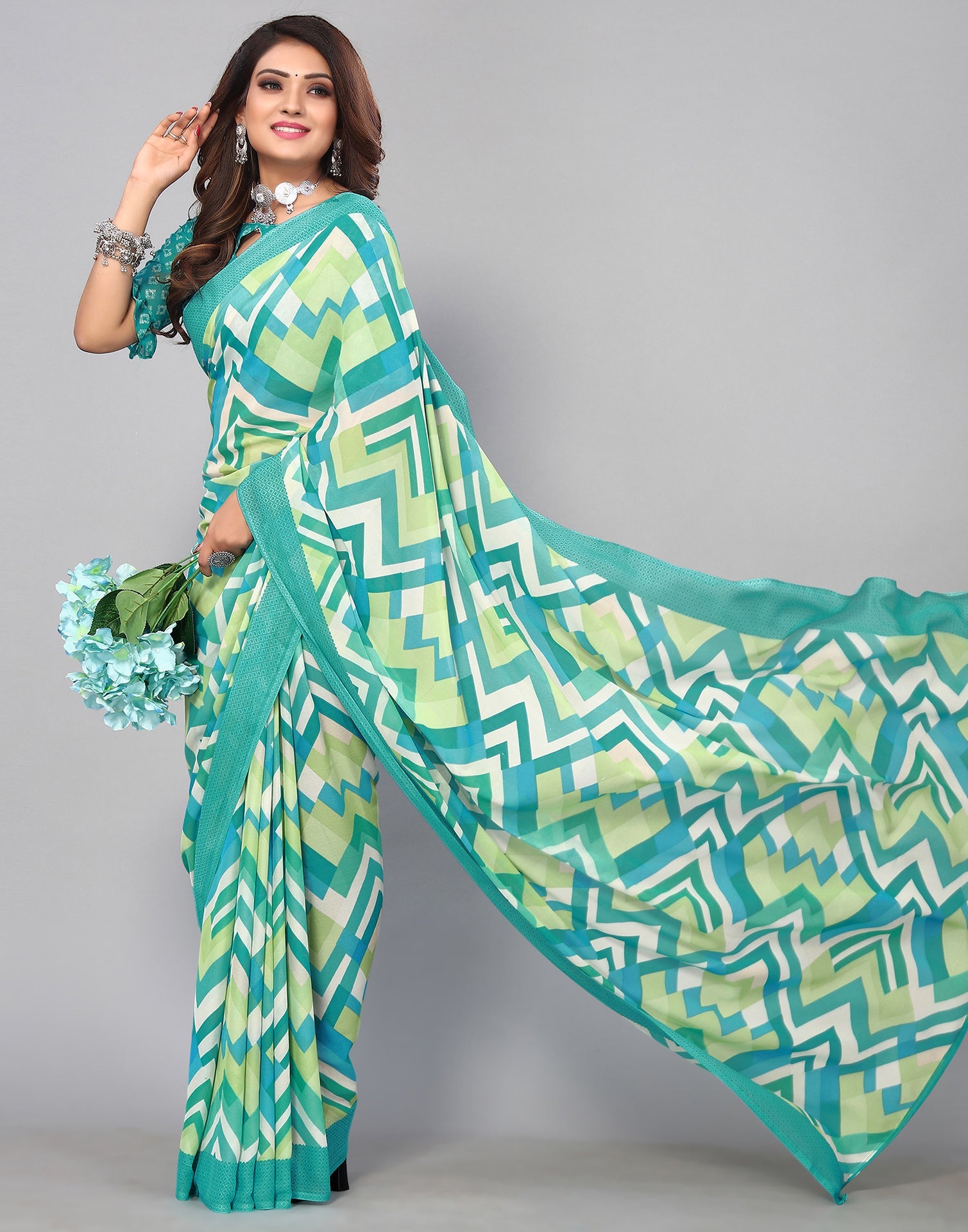 Light Turquoise Georgette Printed Saree | Sudathi