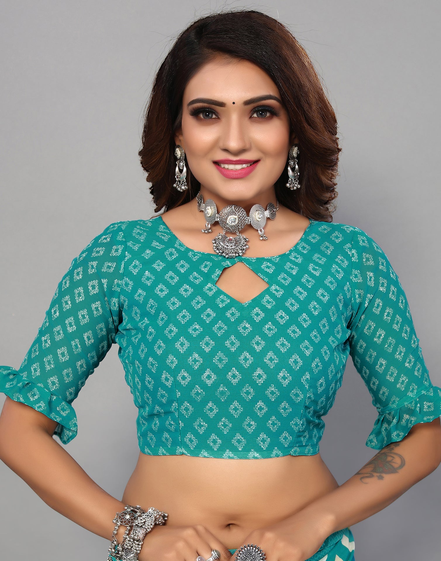 Light Turquoise Georgette Printed Saree | Sudathi