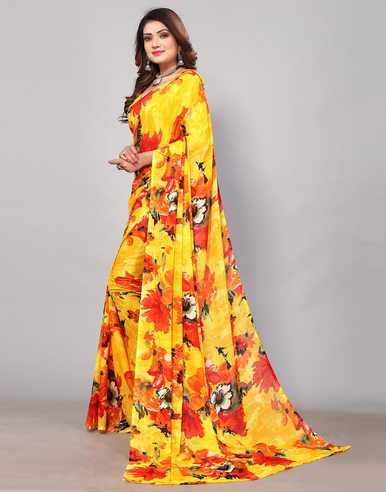 Yellow Georgette Printed Saree | Sudathi