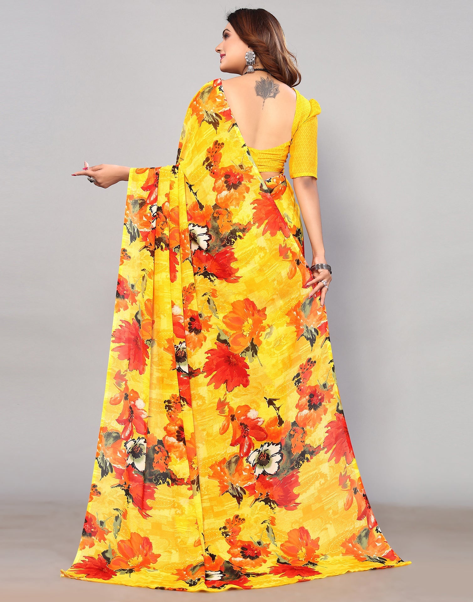 Yellow Georgette Printed Saree | Sudathi