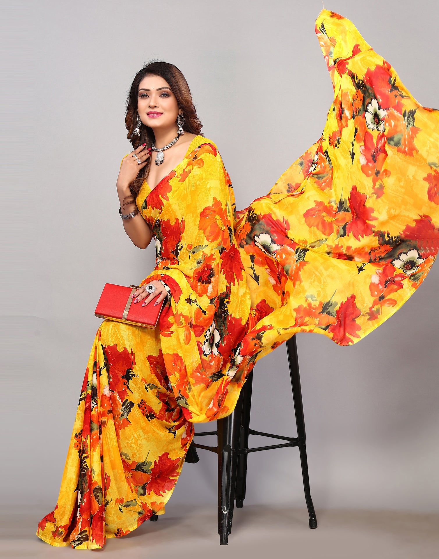 Yellow Georgette Printed Saree | Sudathi