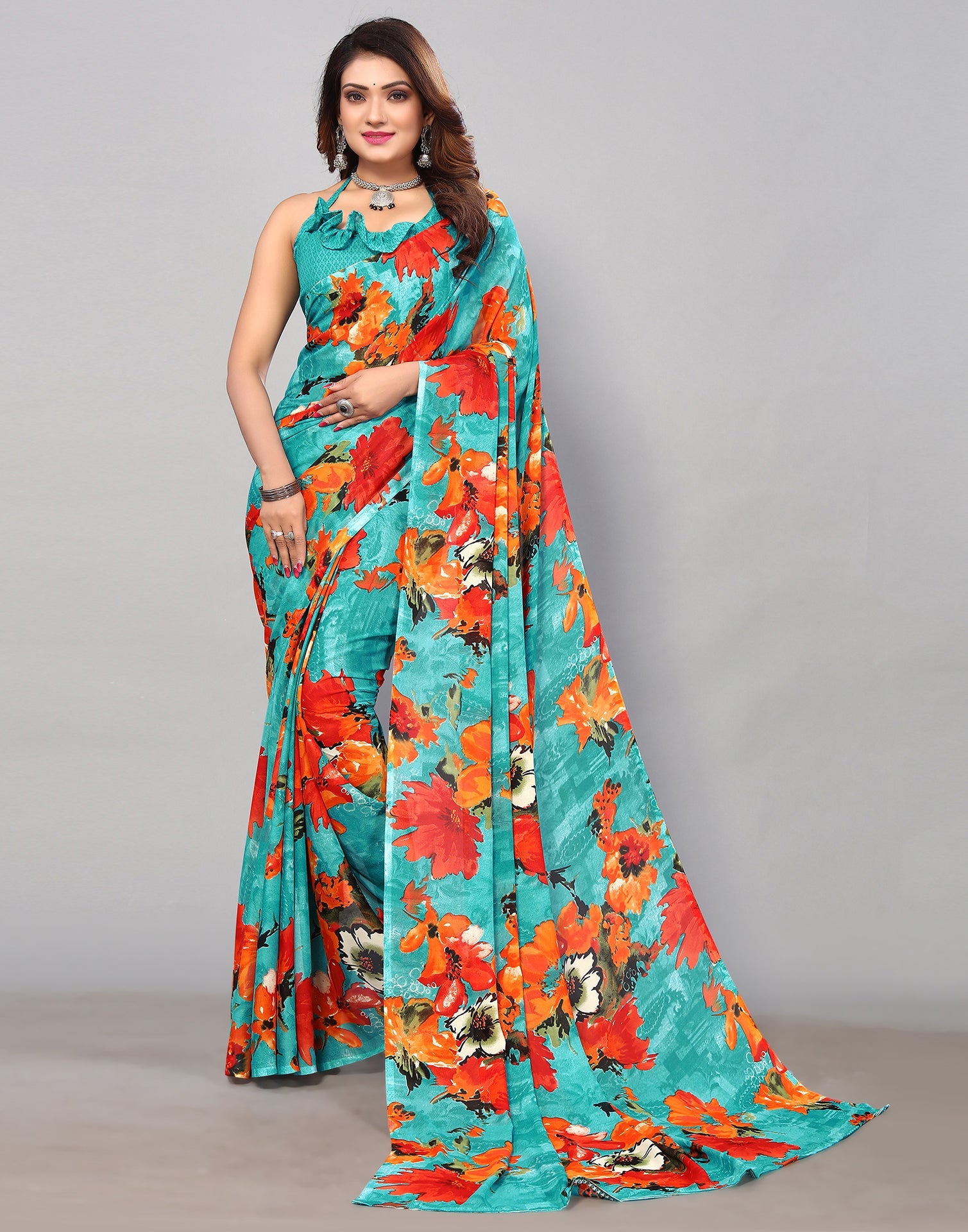 Rama Green Georgette Printed Saree | Sudathi