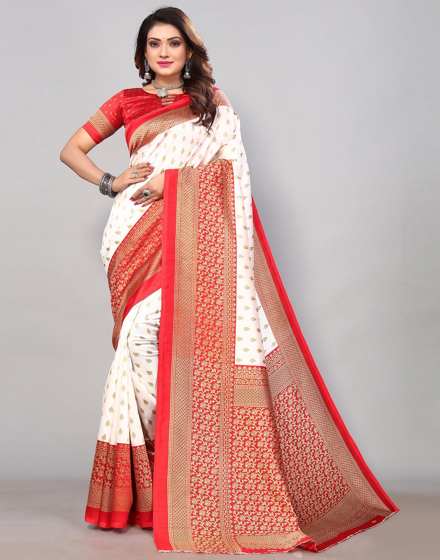 White & Beige Silk Printed Saree | Sudathi